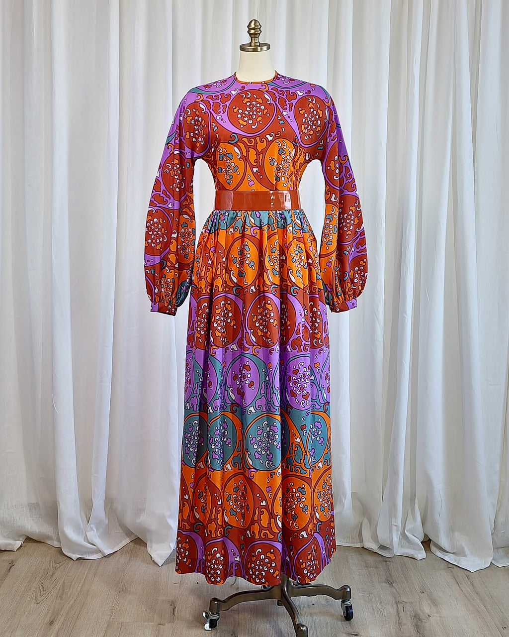 70s Susan Small Art Nouveau Purple Orange Print Belted Maxi