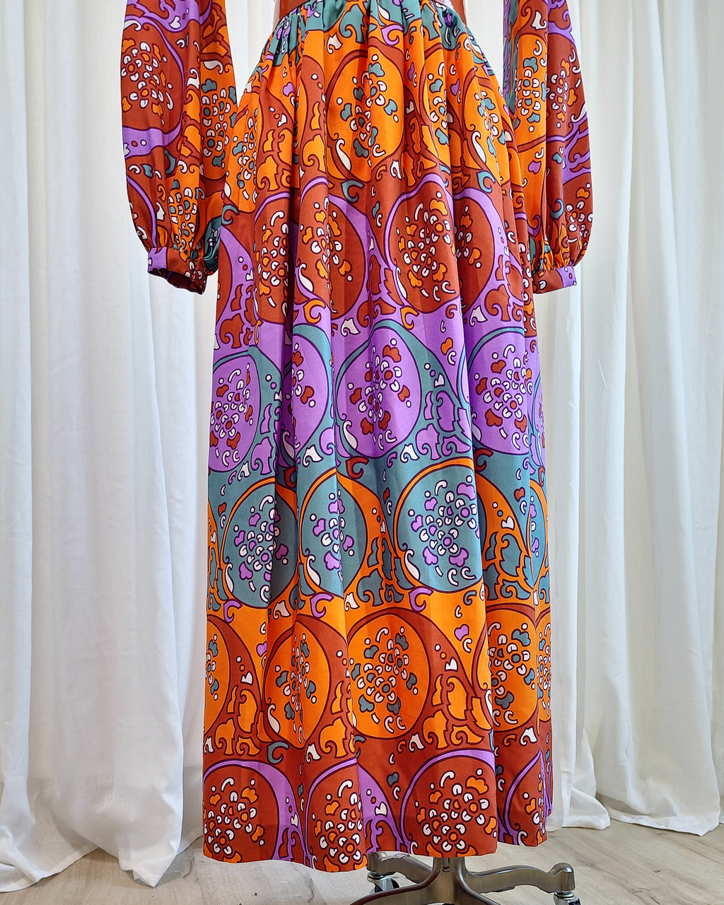 70s Susan Small Art Nouveau Purple Orange Print Belted Maxi