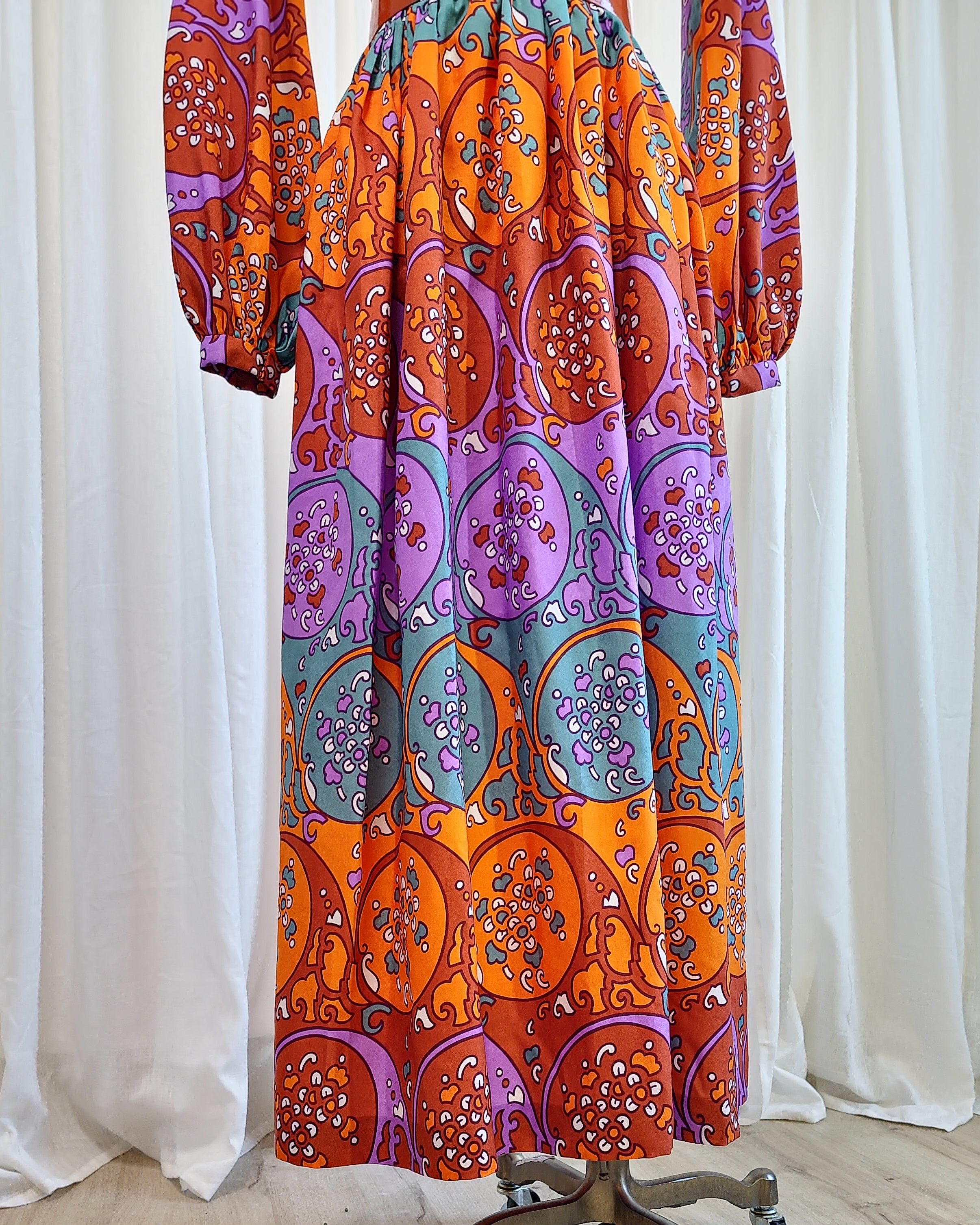 70s Susan Small Art Nouveau Purple Orange Print Belted Maxi