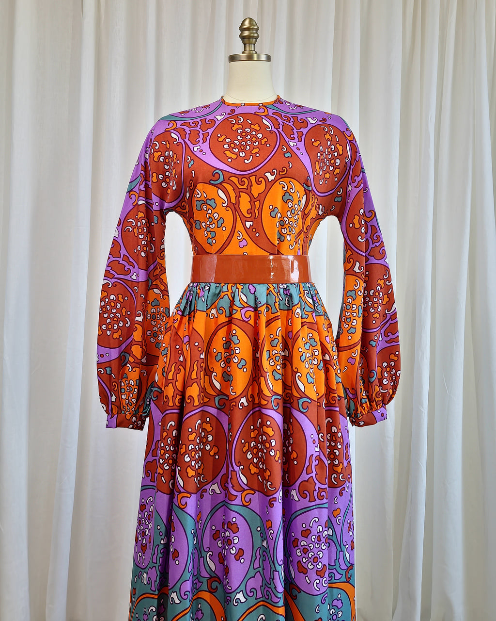 70s Susan Small Art Nouveau Purple Orange Print Belted Maxi