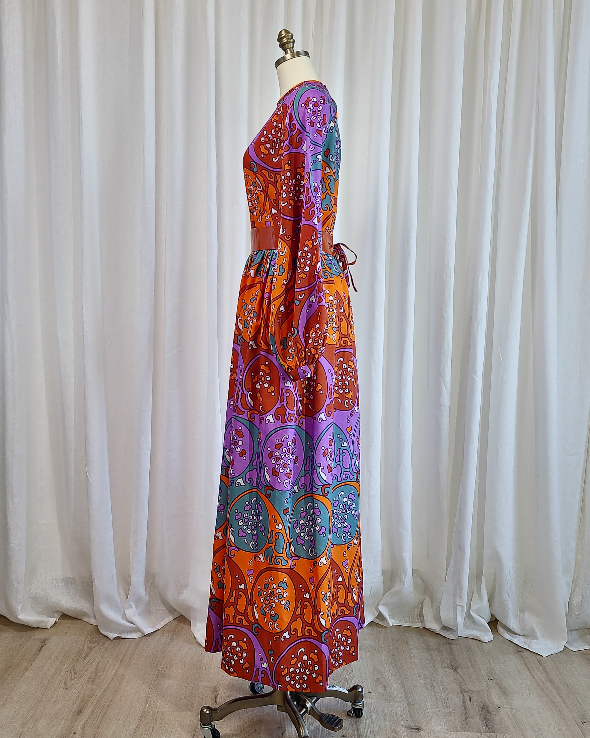 70s Susan Small Art Nouveau Purple Orange Print Belted Maxi