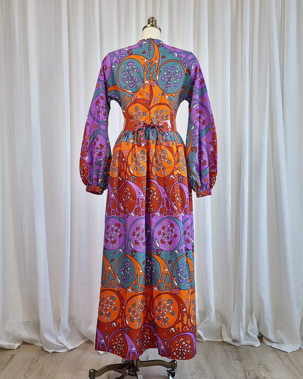 70s Susan Small Art Nouveau Purple Orange Print Belted Maxi