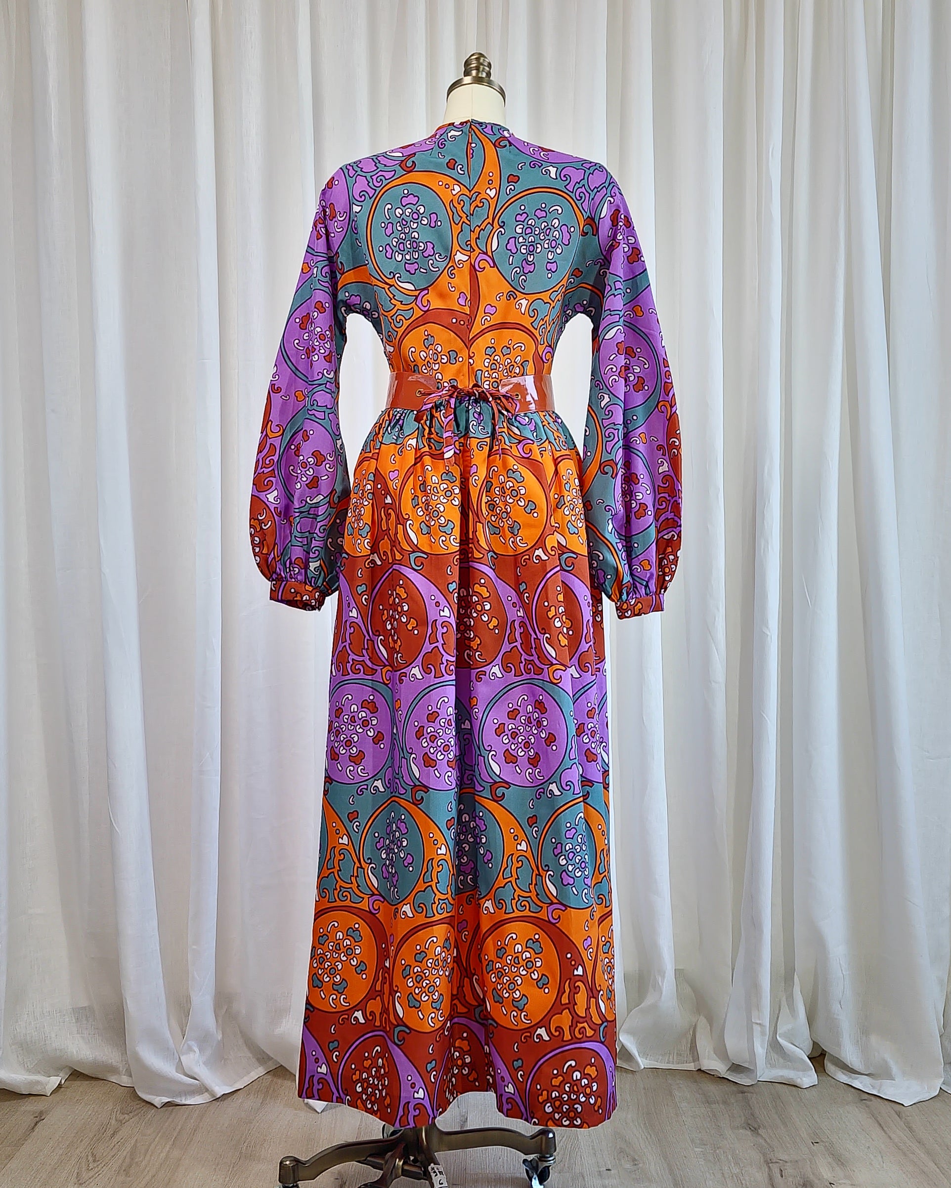 70s Susan Small Art Nouveau Purple Orange Print Belted Maxi
