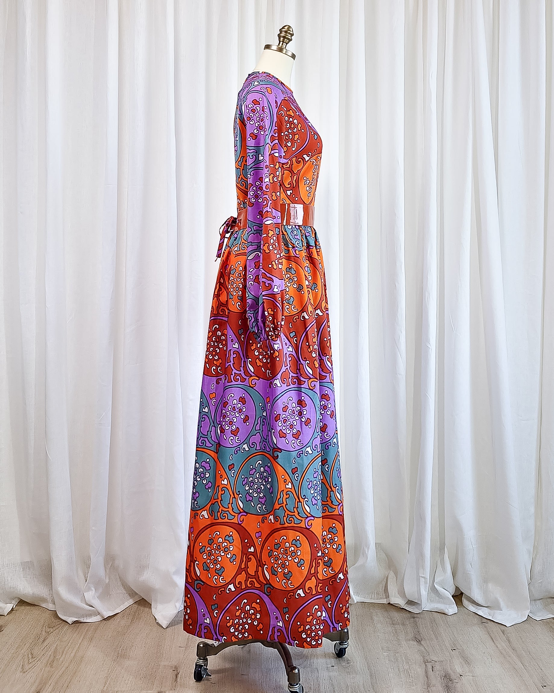 70s Susan Small Art Nouveau Purple Orange Print Belted Maxi
