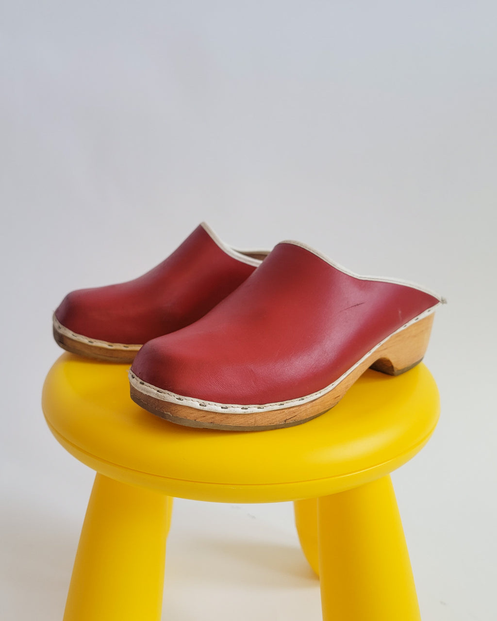 70s Swedish Red Leather Wood Clogs Sz 7.5