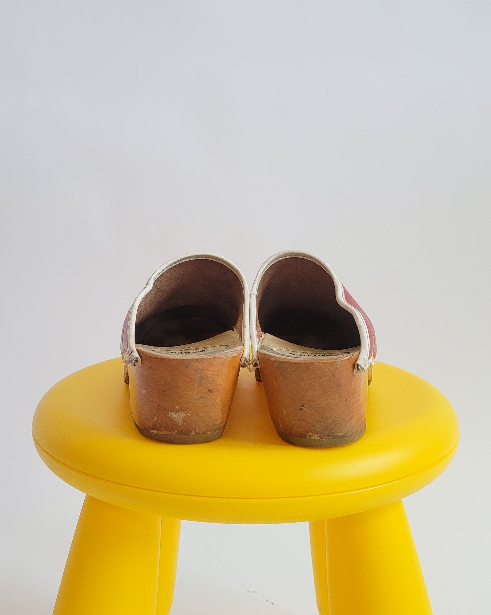 70s Swedish Red Leather Wood Clogs Sz 7.5