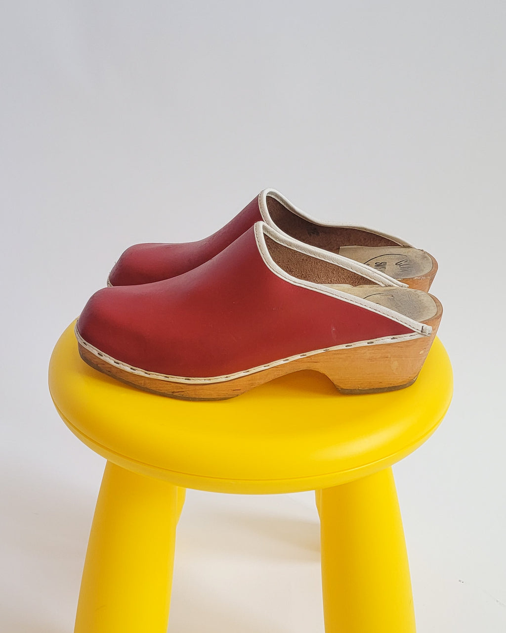 70s Swedish Red Leather Wood Clogs Sz 7.5