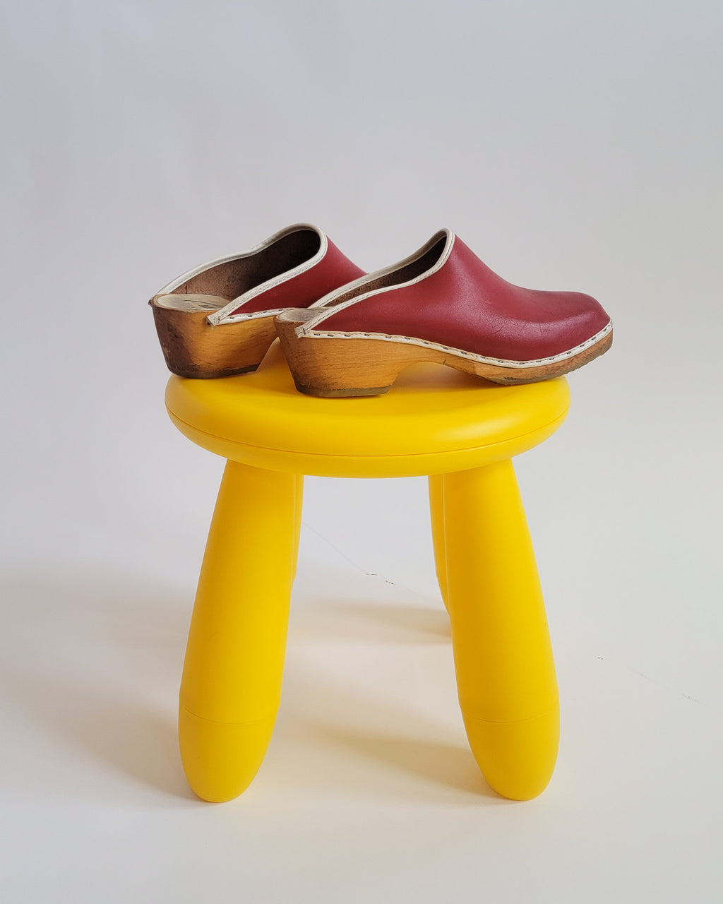 70s Swedish Red Leather Wood Clogs Sz 7.5