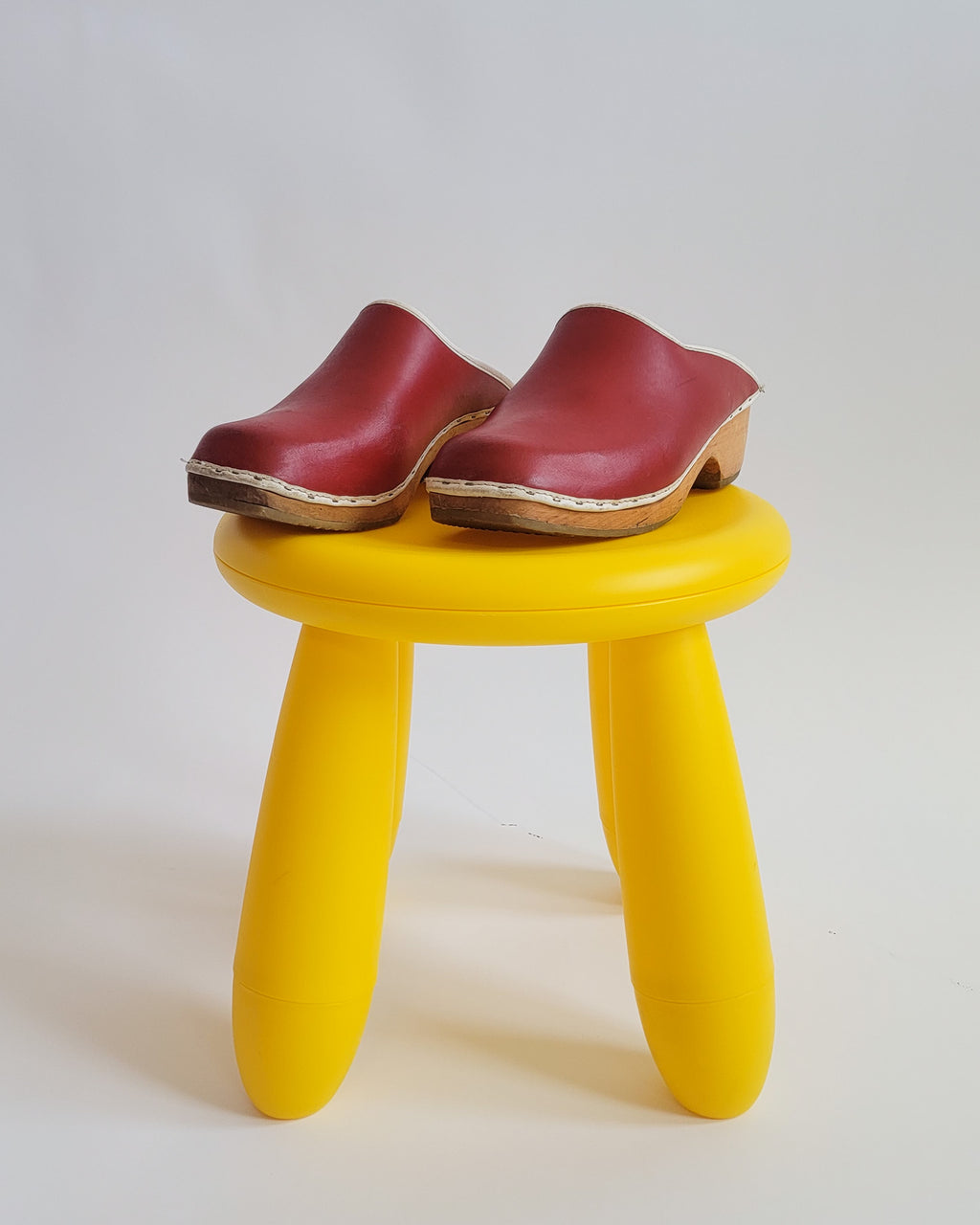 70s Swedish Red Leather Wood Clogs Sz 7.5