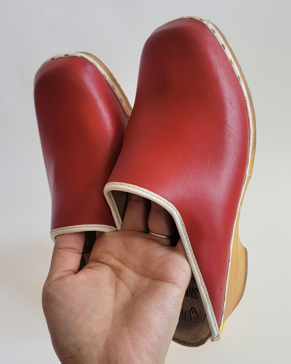 70s Swedish Red Leather Wood Clogs Sz 7.5
