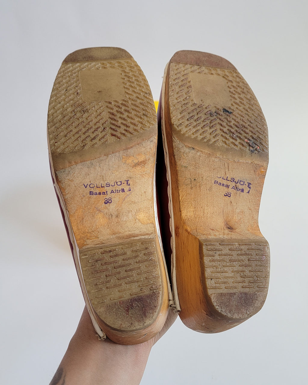 70s Swedish Red Leather Wood Clogs Sz 7.5