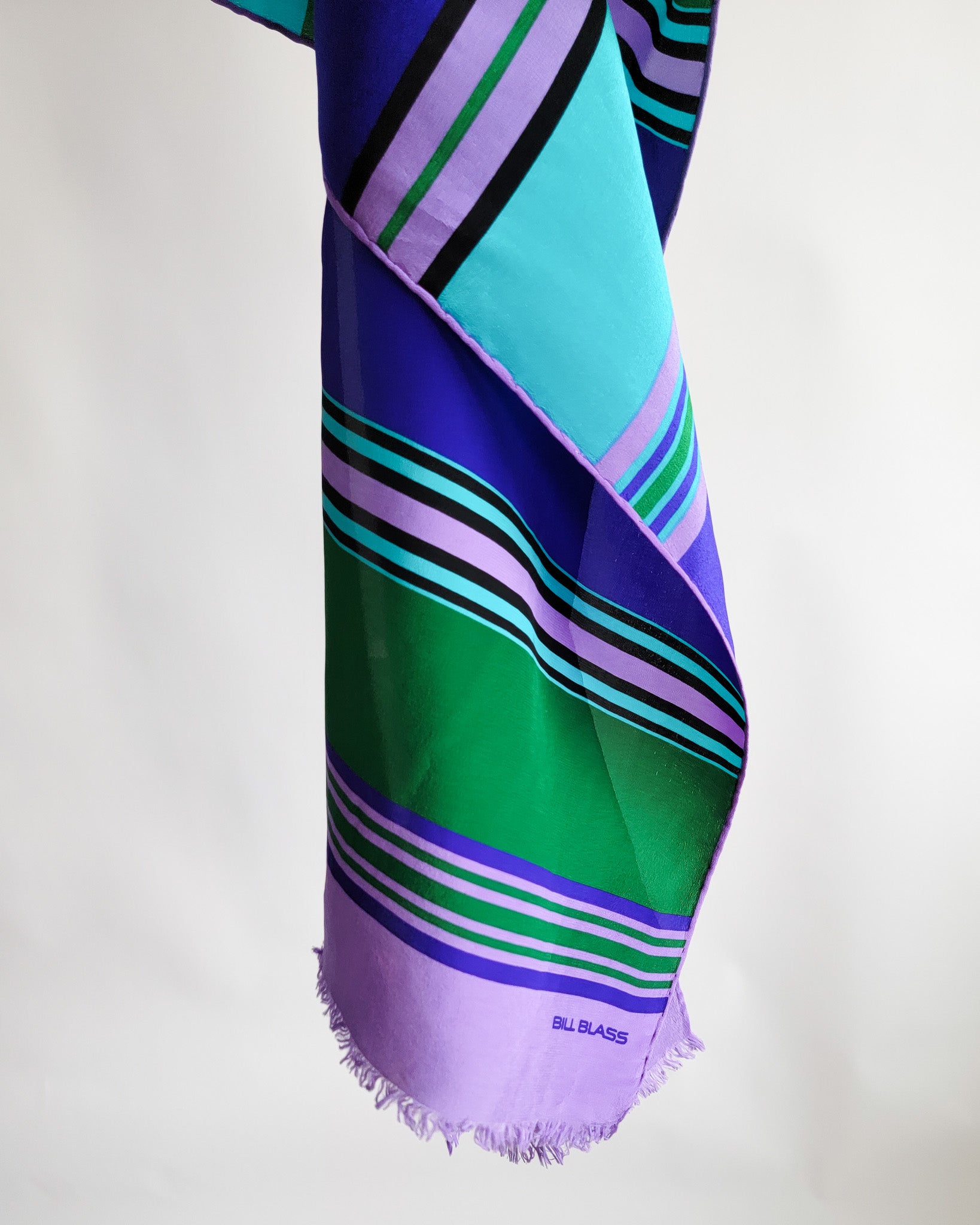 90s Bill Blass Silk Aqua Green Purple Stripes Scarf