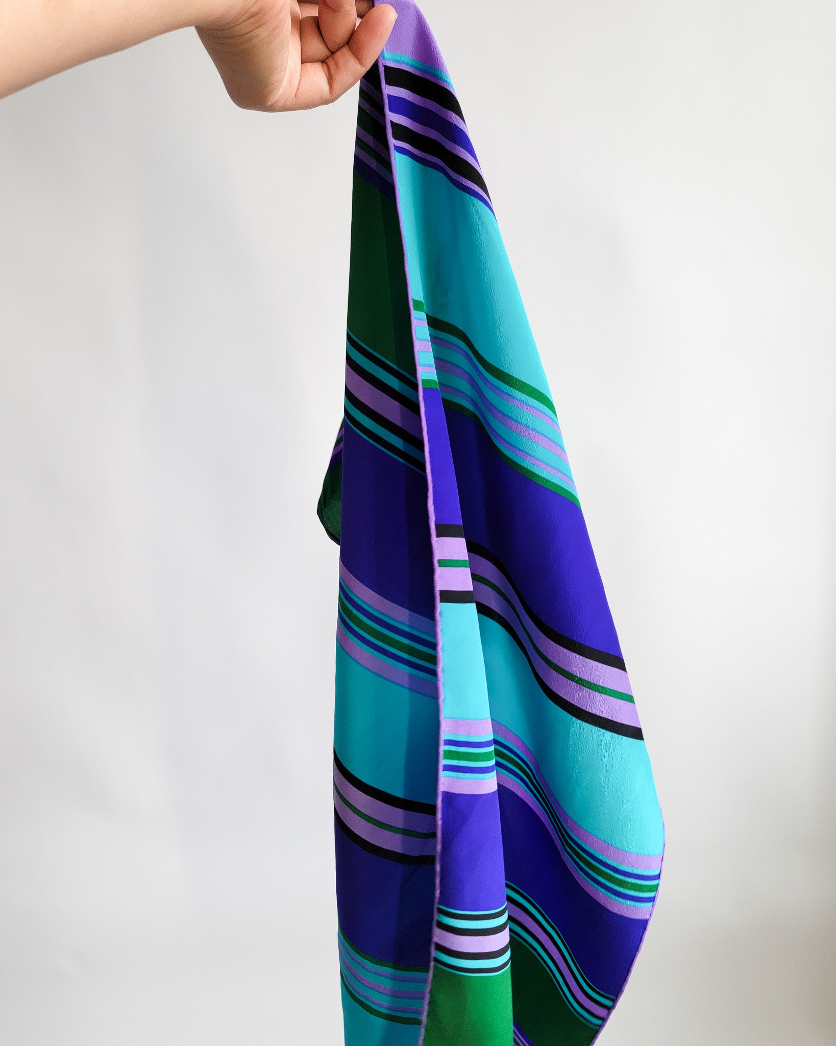90s Bill Blass Silk Aqua Green Purple Stripes Scarf