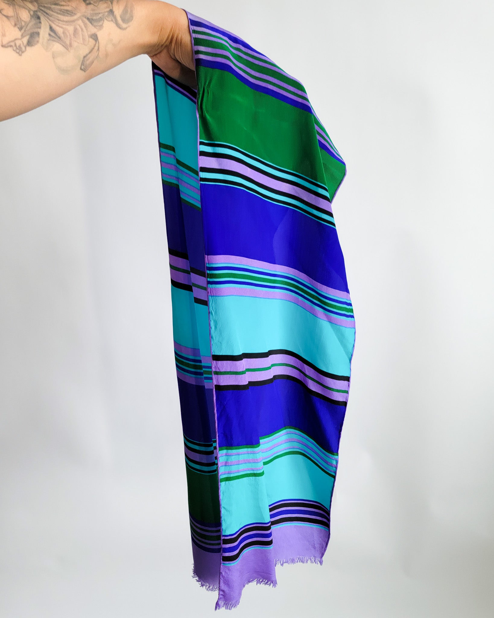 90s Bill Blass Silk Aqua Green Purple Stripes Scarf
