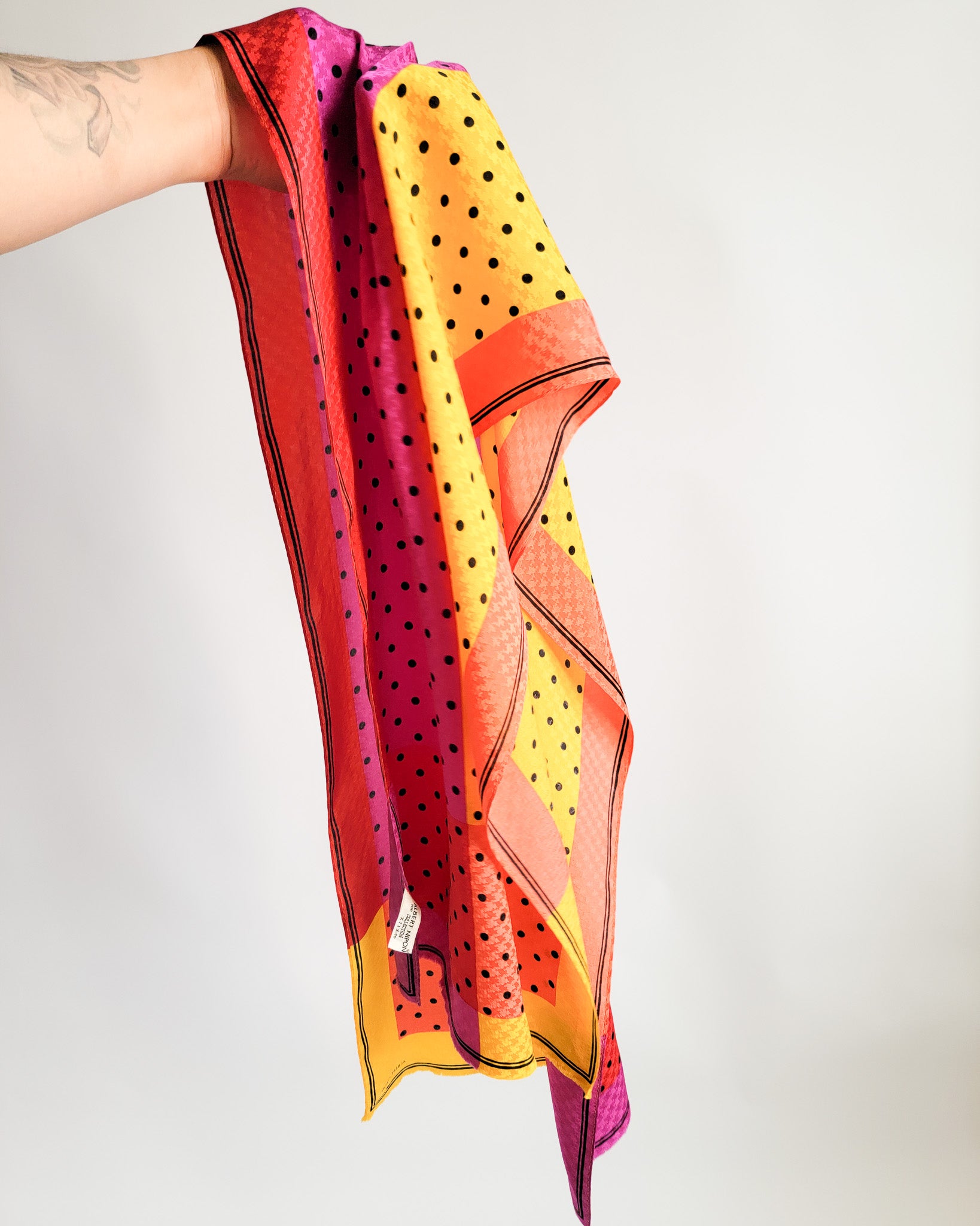 80s Albert Nipon Silk Yellow Pink Orange Polka Dots Scarf