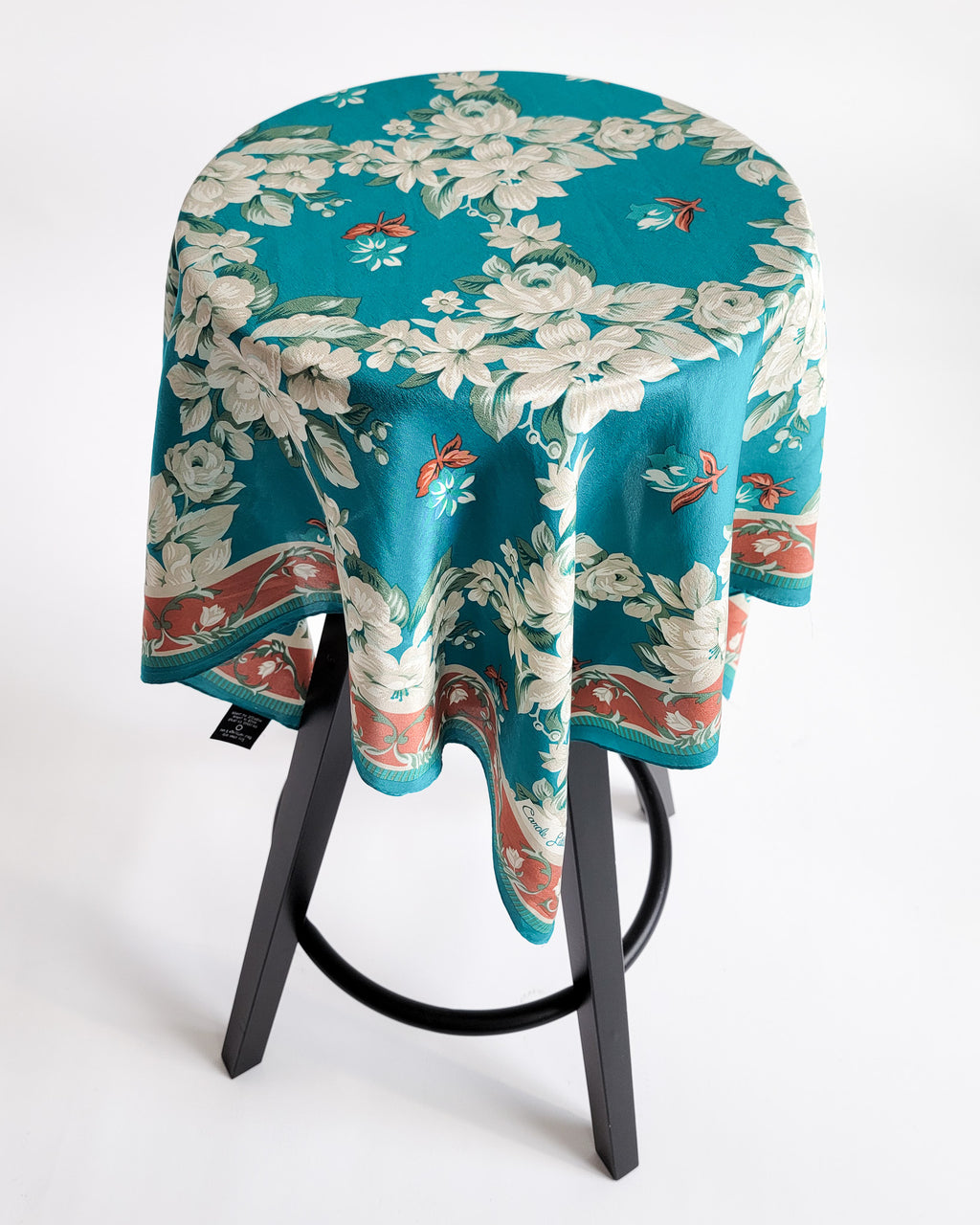 90s Cream Flowers Turquoise Silk Scarf