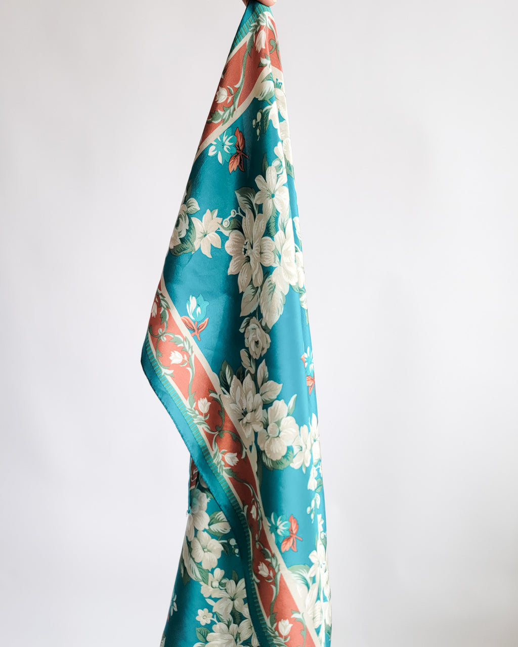 90s Cream Flowers Turquoise Silk Scarf