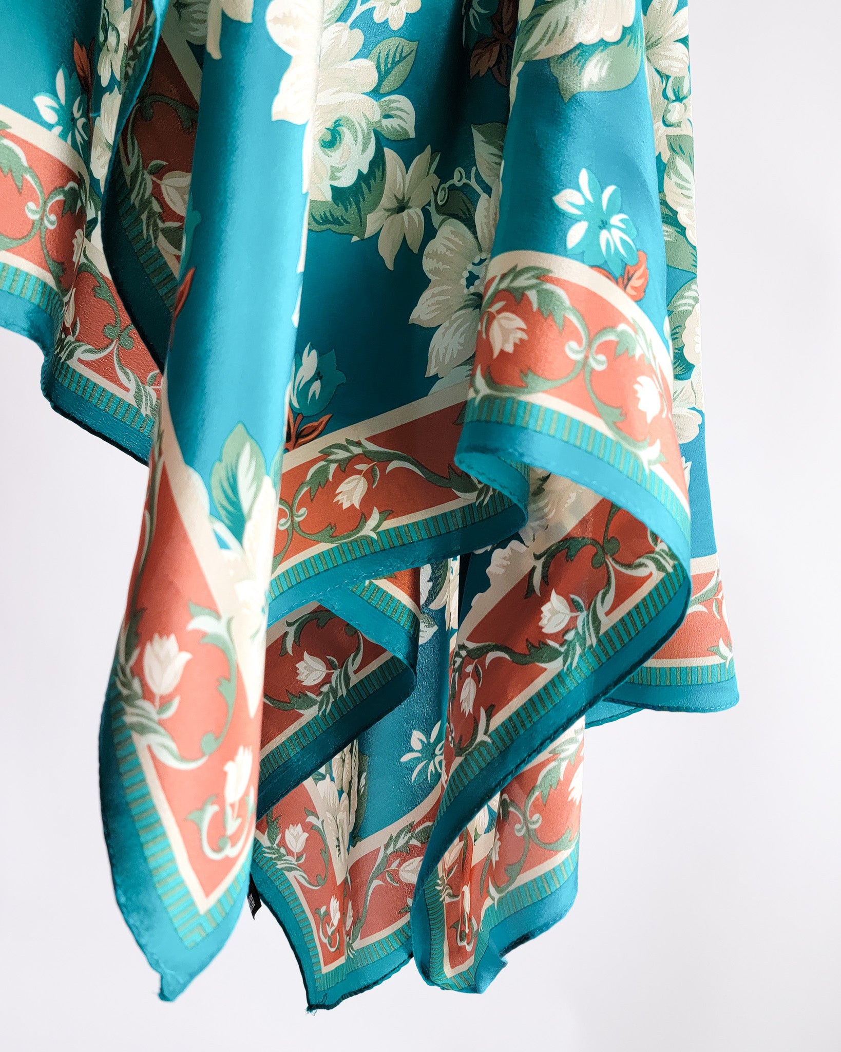 90s Cream Flowers Turquoise Silk Scarf