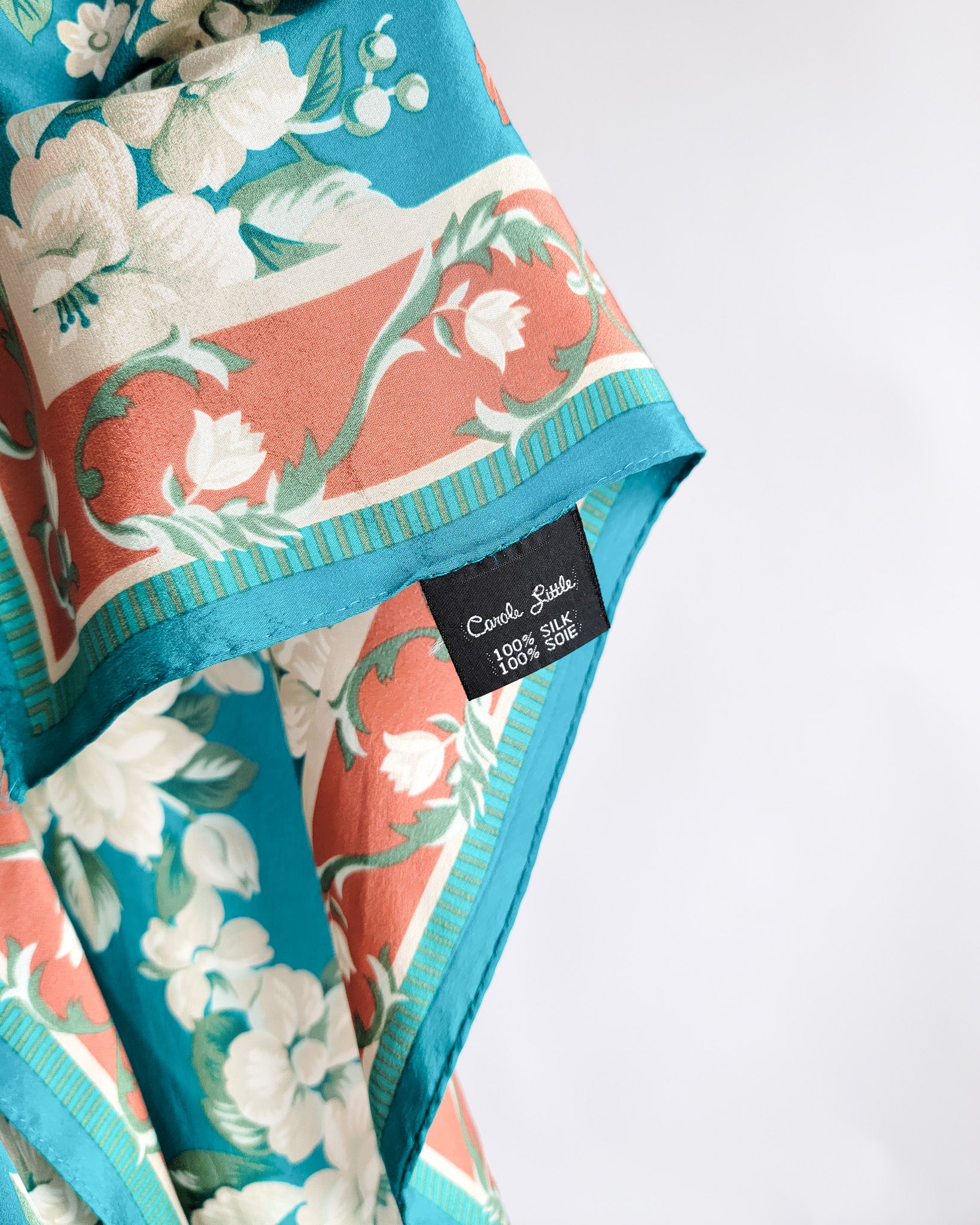 90s Cream Flowers Turquoise Silk Scarf