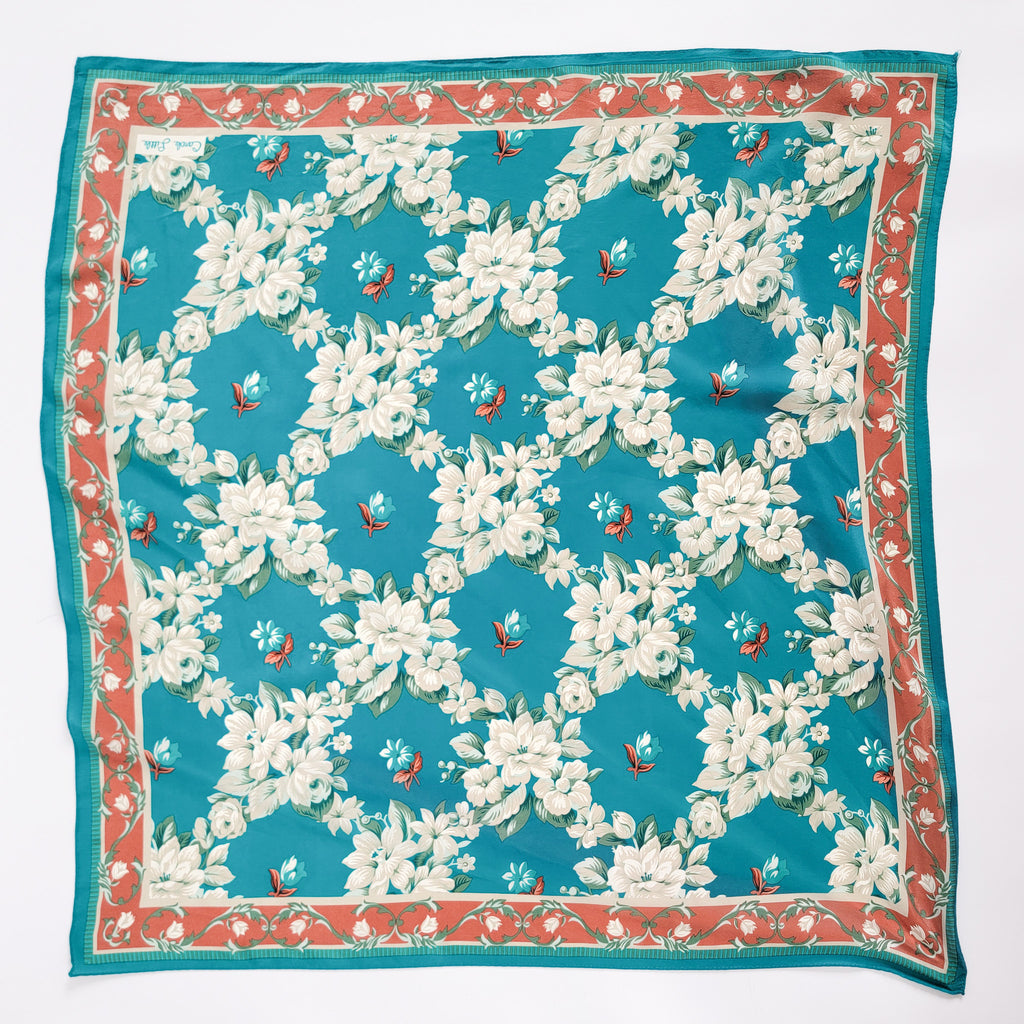 90s Cream Flowers Turquoise Silk Scarf