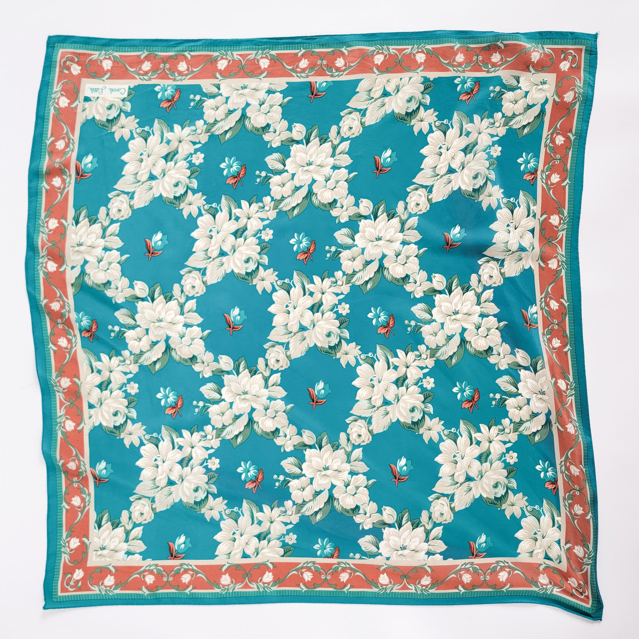 90s Cream Flowers Turquoise Silk Scarf