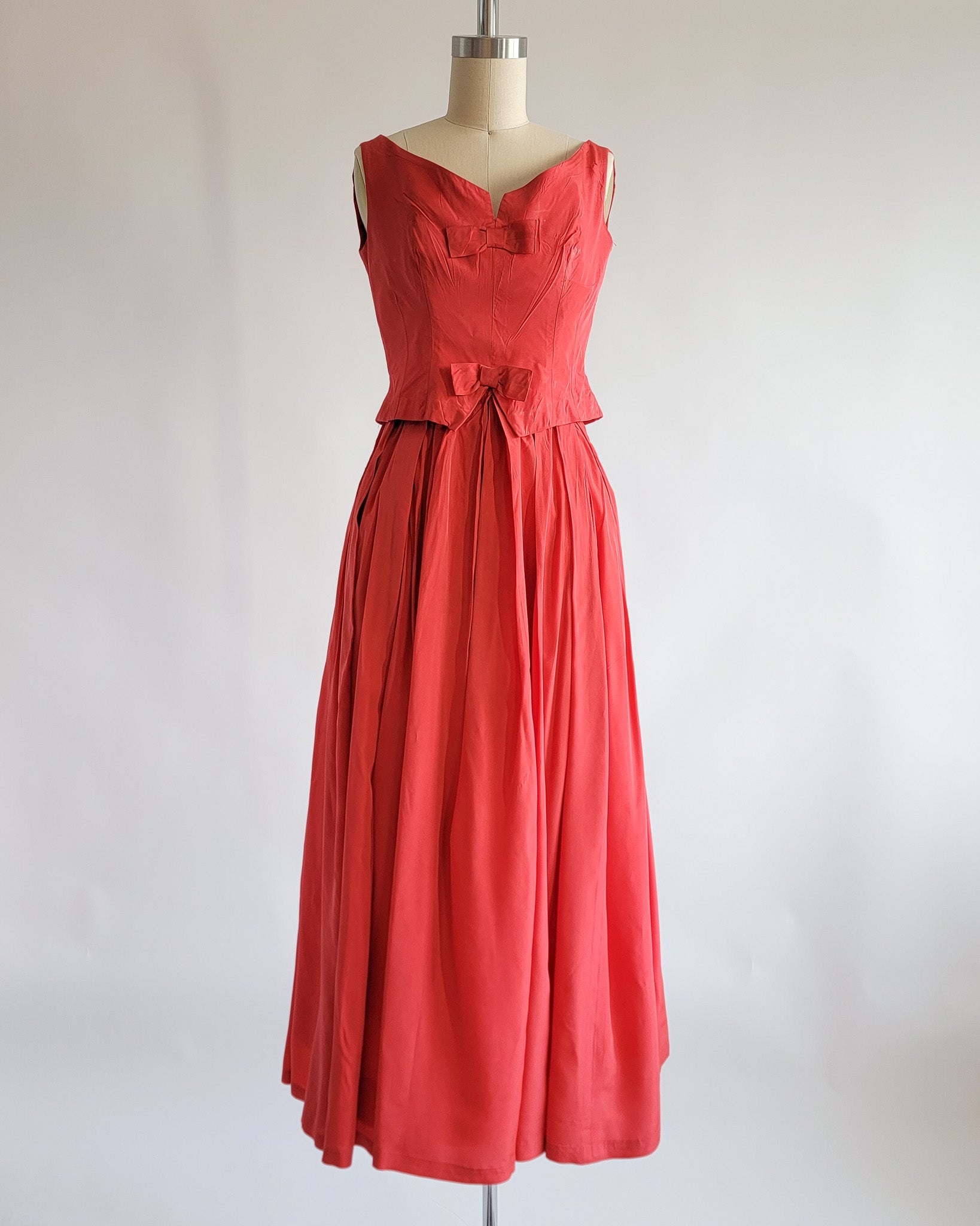 60s Red Silk Taffeta Bow Front Bustier Dress
