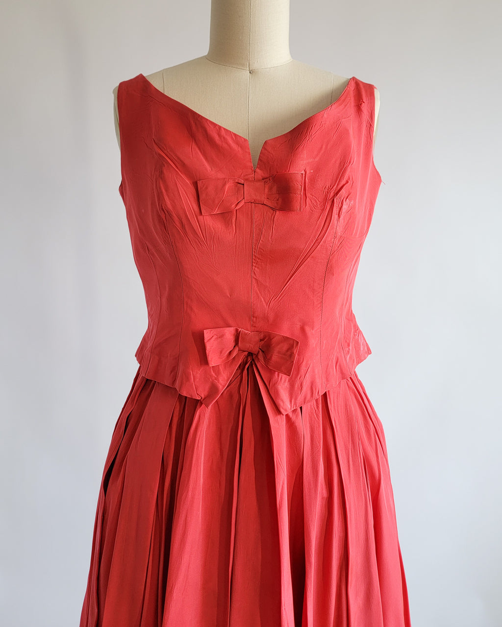 60s Red Silk Taffeta Bow Front Bustier Dress