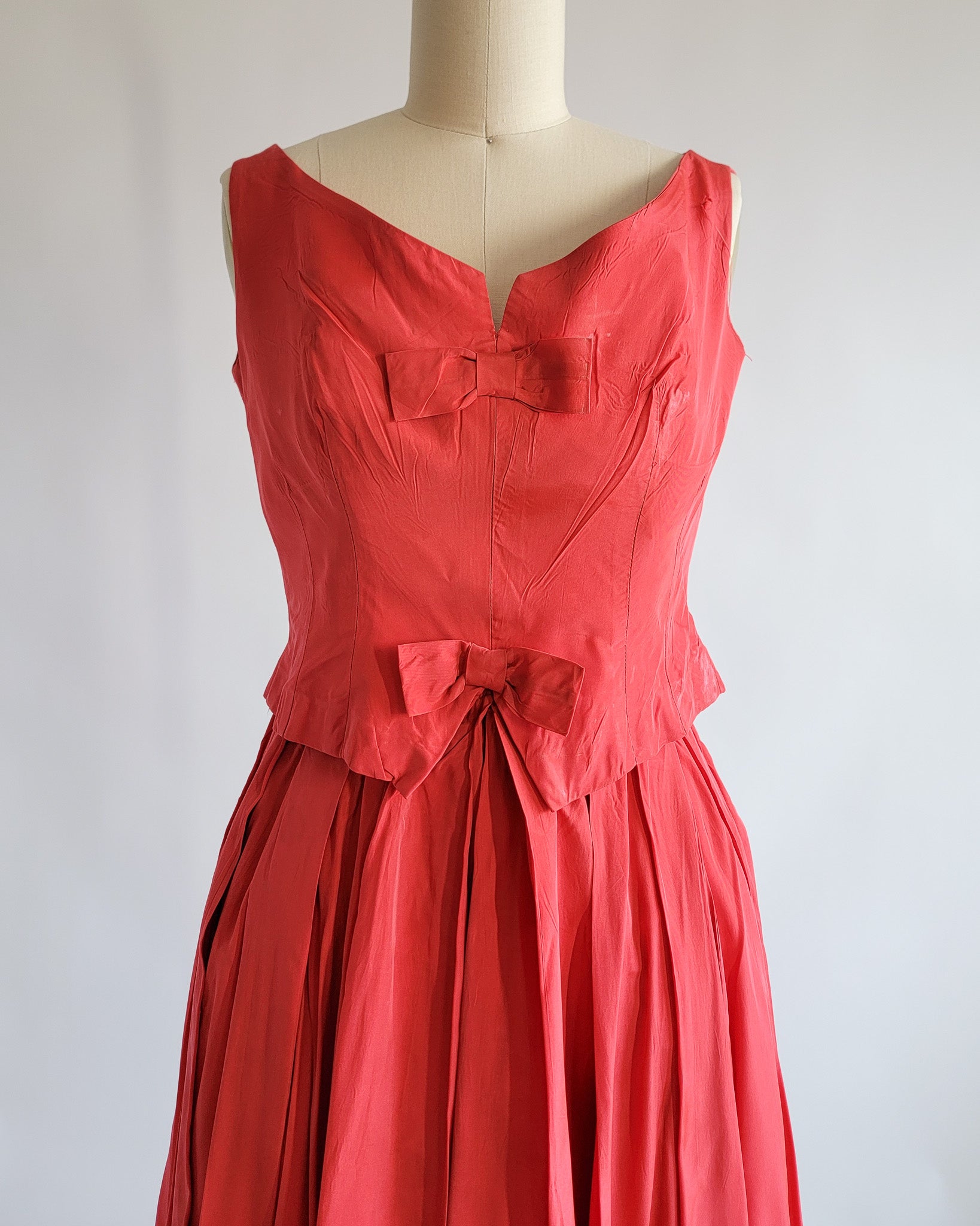 60s Red Silk Taffeta Bow Front Bustier Dress