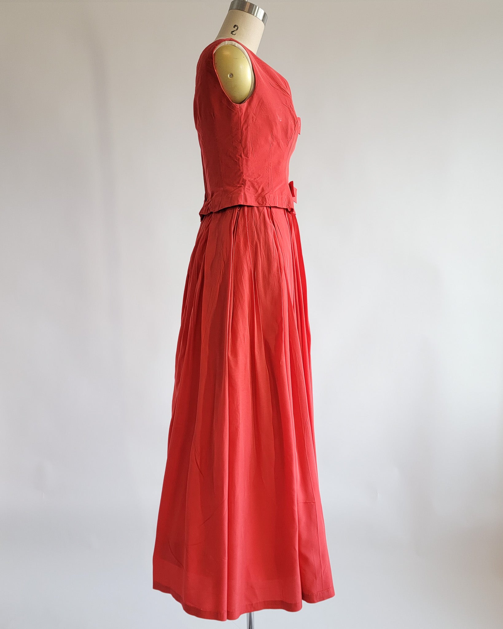60s Red Silk Taffeta Bow Front Bustier Dress