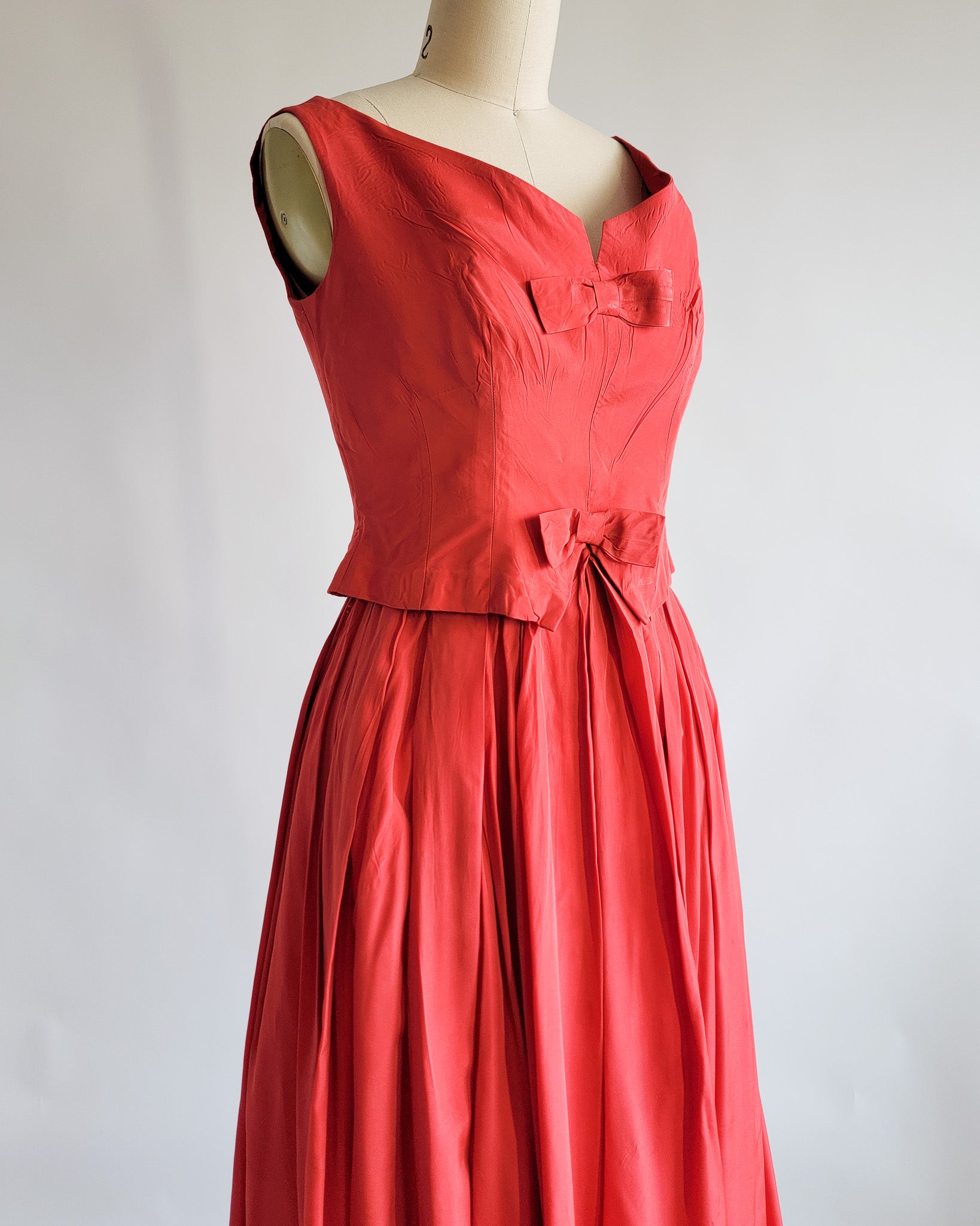 60s Red Silk Taffeta Bow Front Bustier Dress