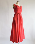 60s Red Silk Taffeta Bow Front Bustier Gown