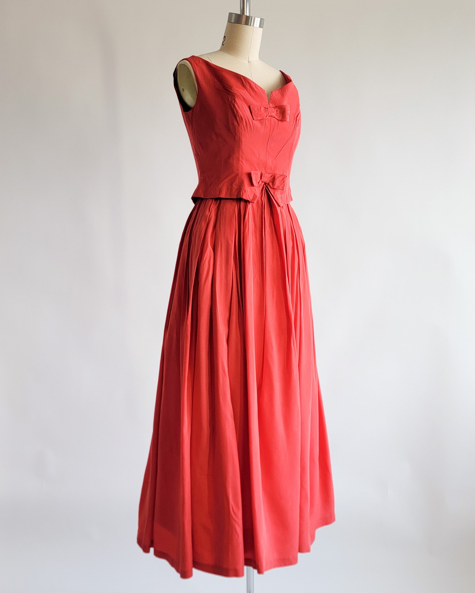 60s Red Silk Taffeta Bow Front Bustier Dress