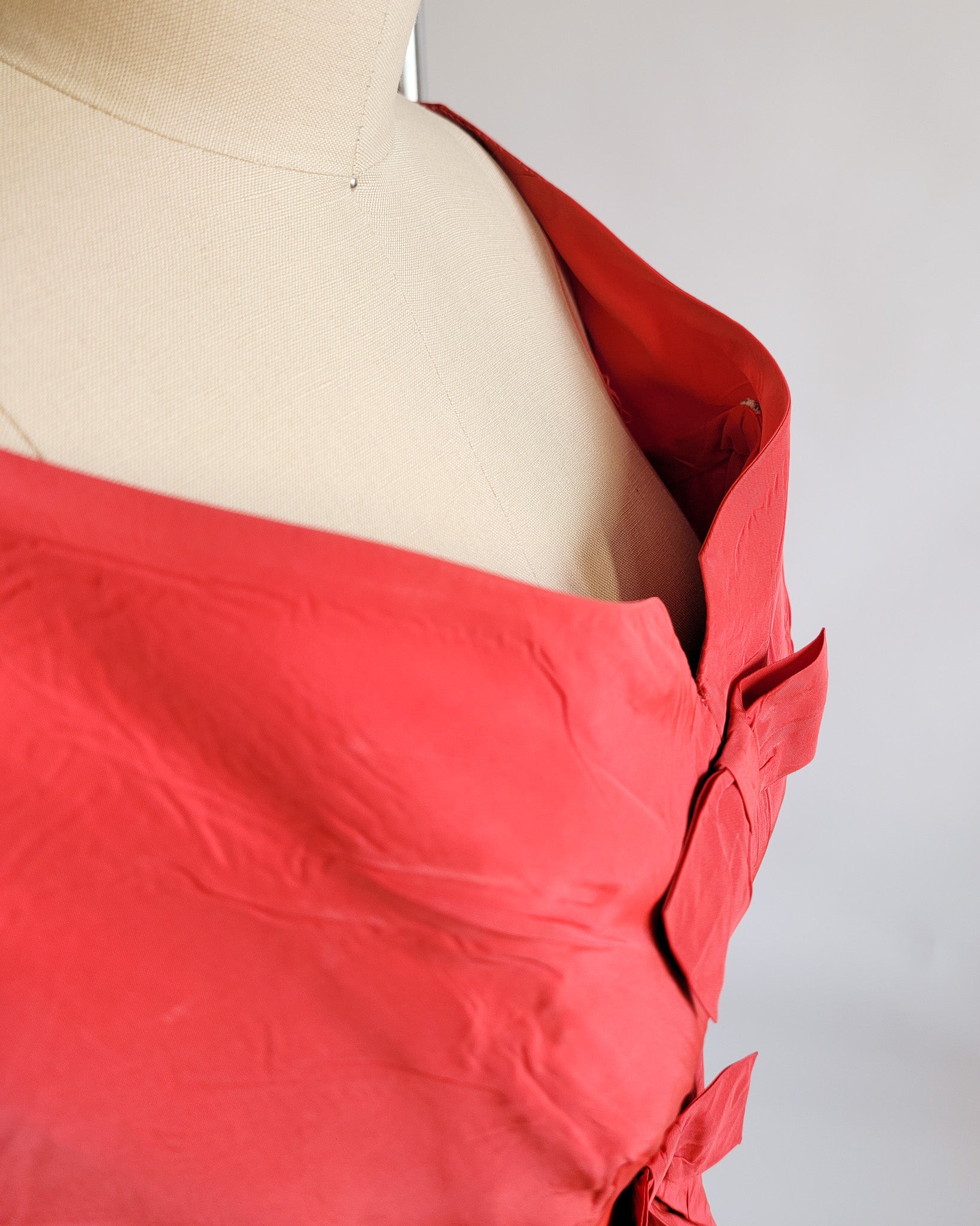 60s Red Silk Taffeta Bow Front Bustier Dress