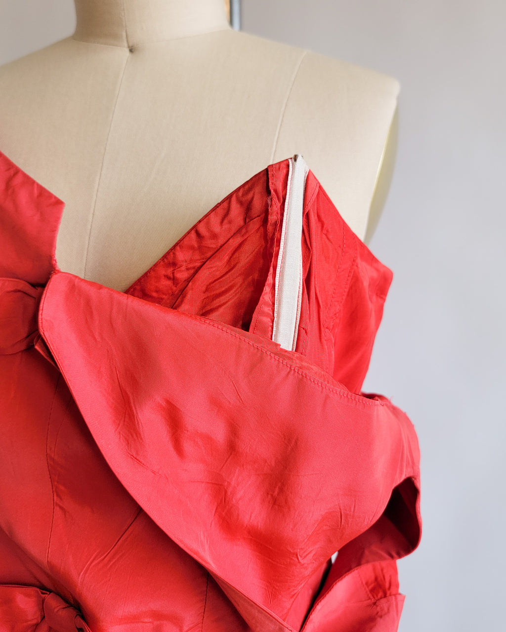 60s Red Silk Taffeta Bow Front Bustier Dress
