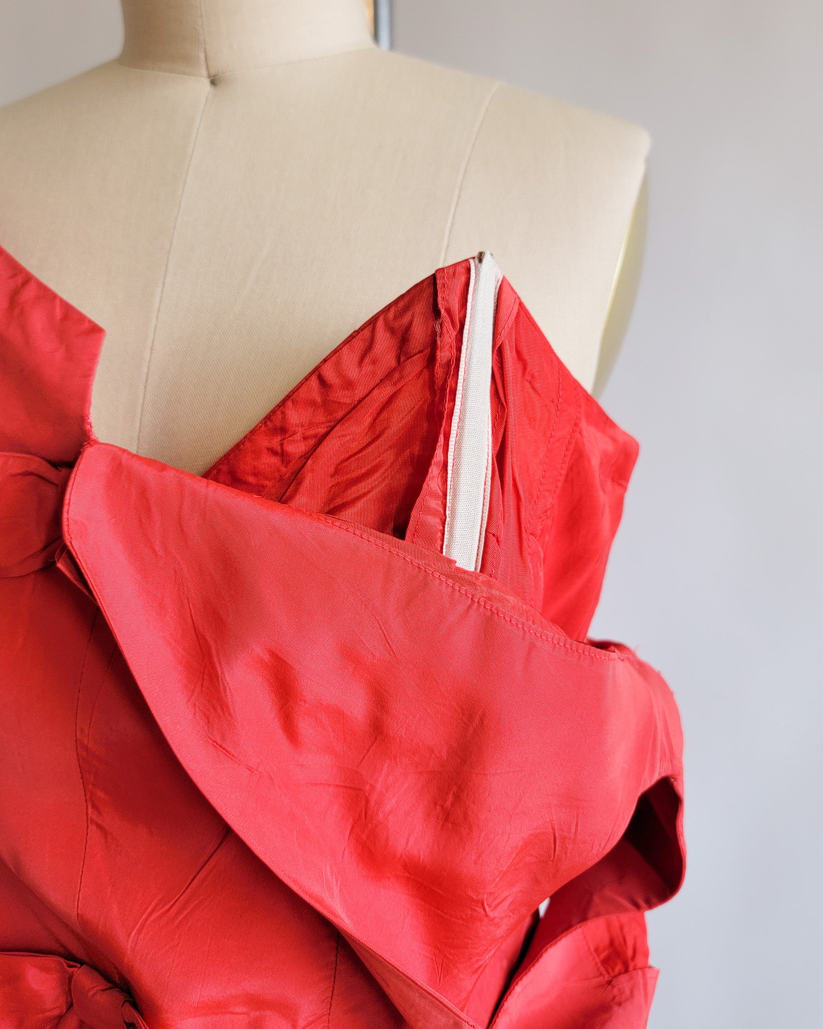 60s Red Silk Taffeta Bow Front Bustier Dress