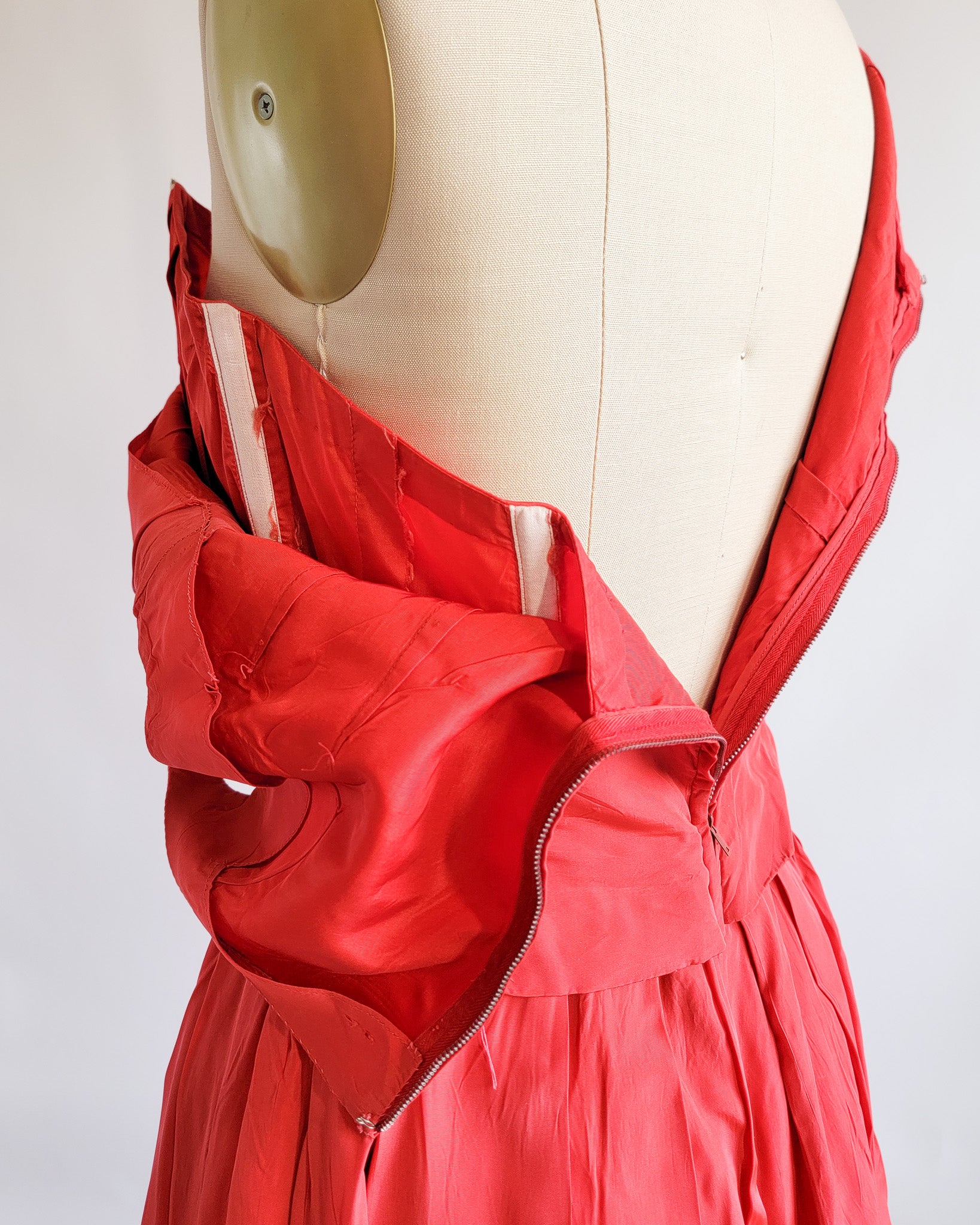 60s Red Silk Taffeta Bow Front Bustier Dress