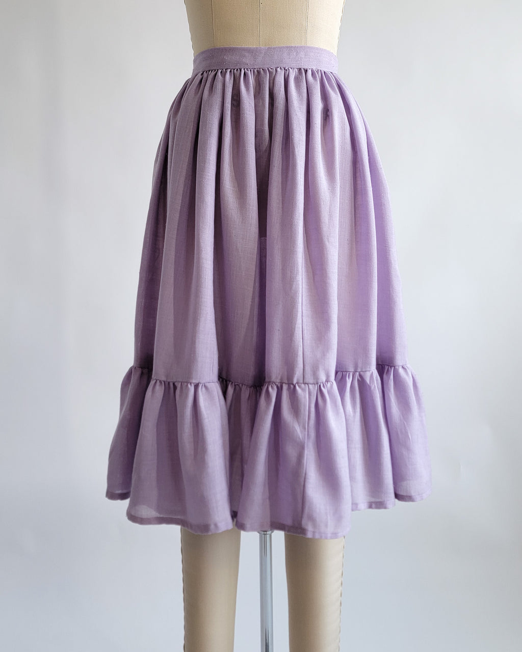 80s Lavender Muslin Midi Skirt w Ruffle Hem