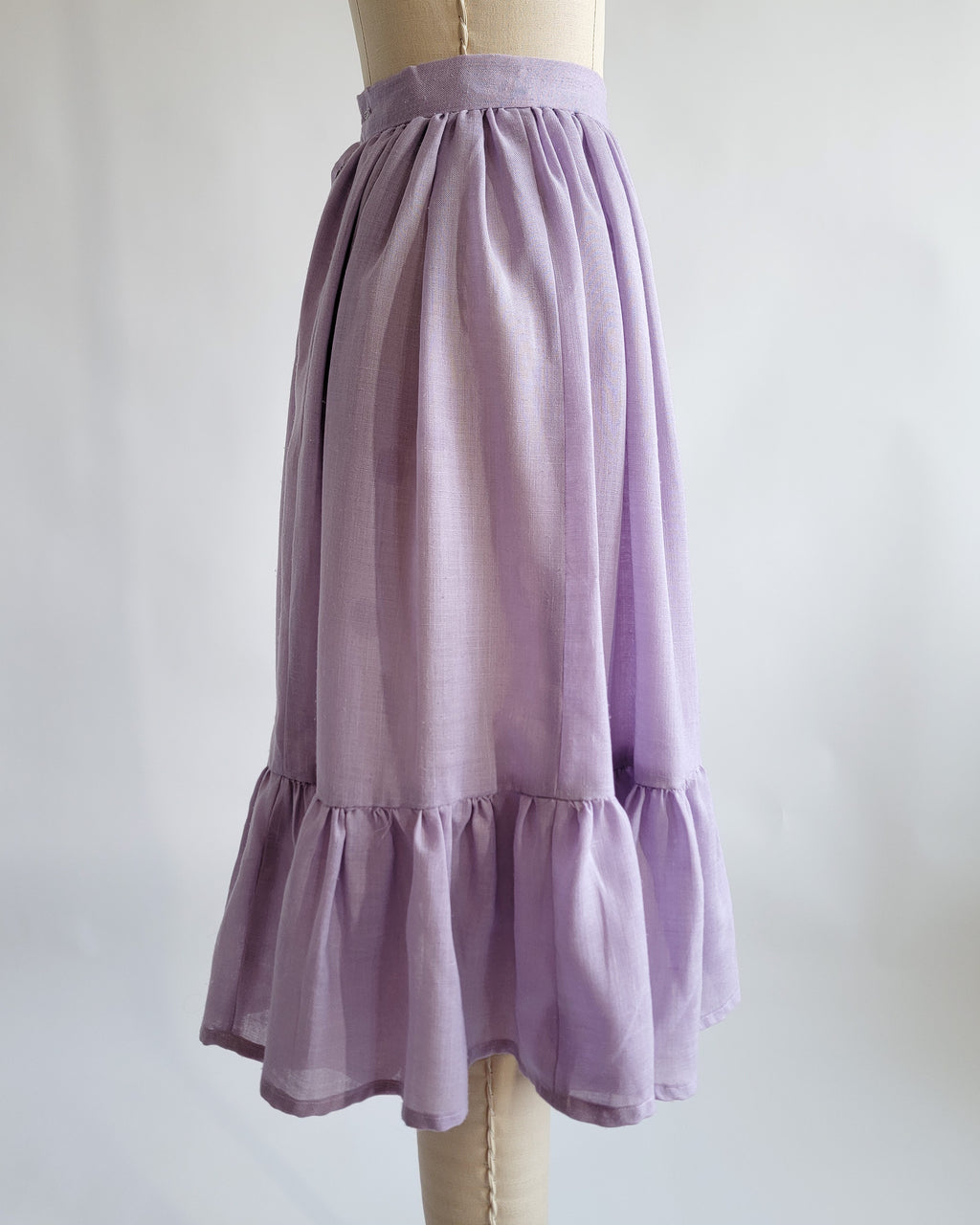80s Lavender Muslin Midi Skirt w Ruffle Hem