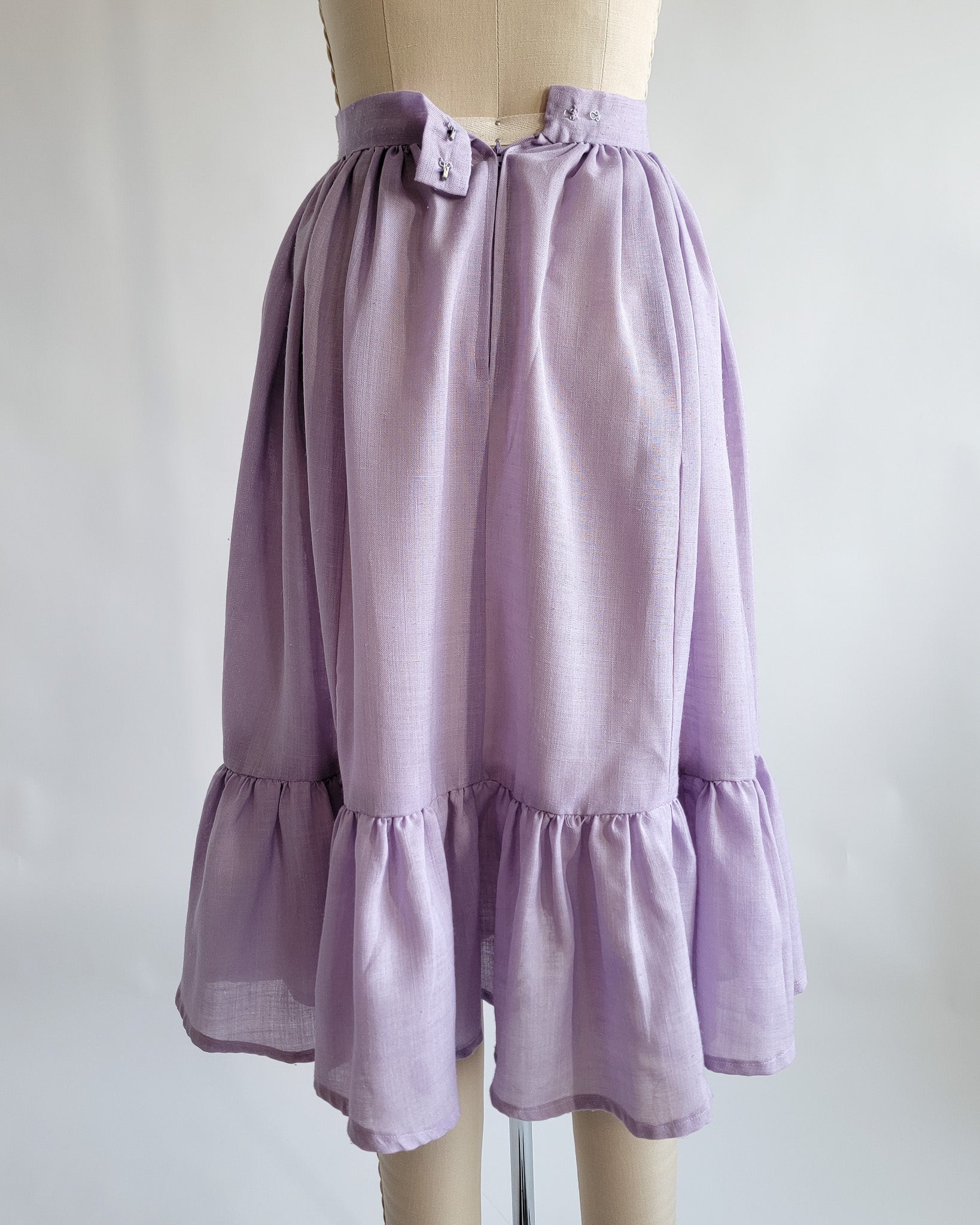80s Lavender Muslin Midi Skirt w Ruffle Hem
