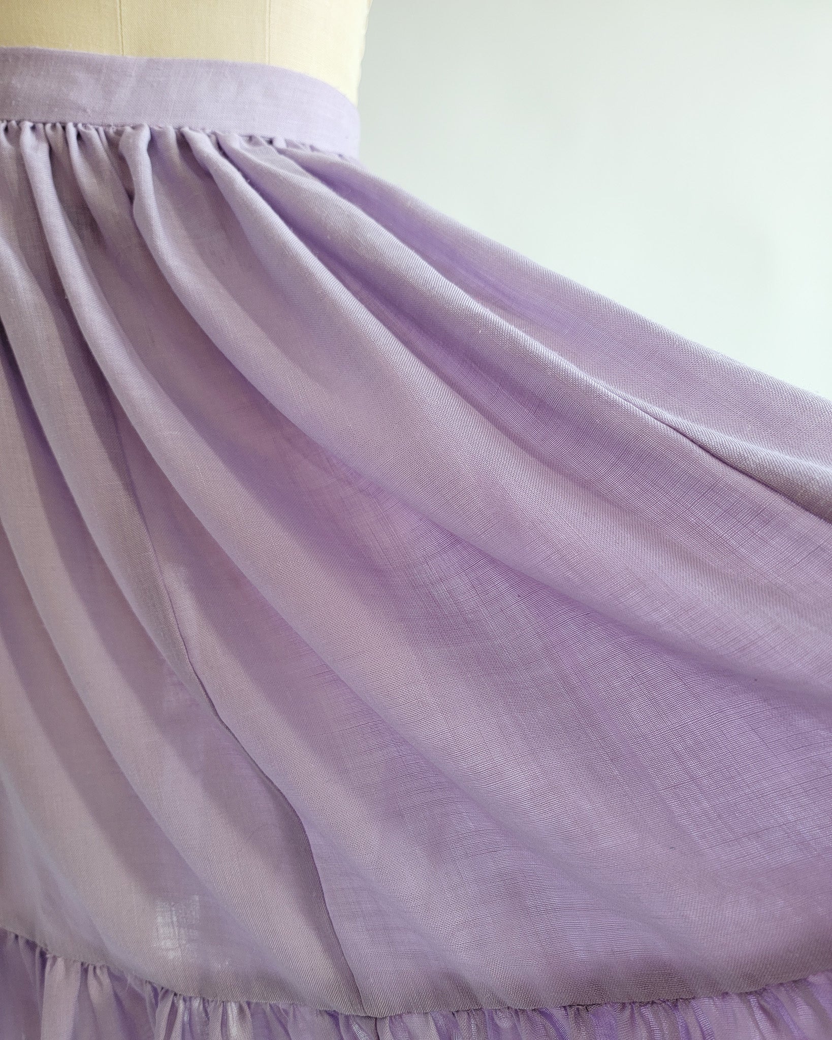 80s Lavender Muslin Midi Skirt w Ruffle Hem