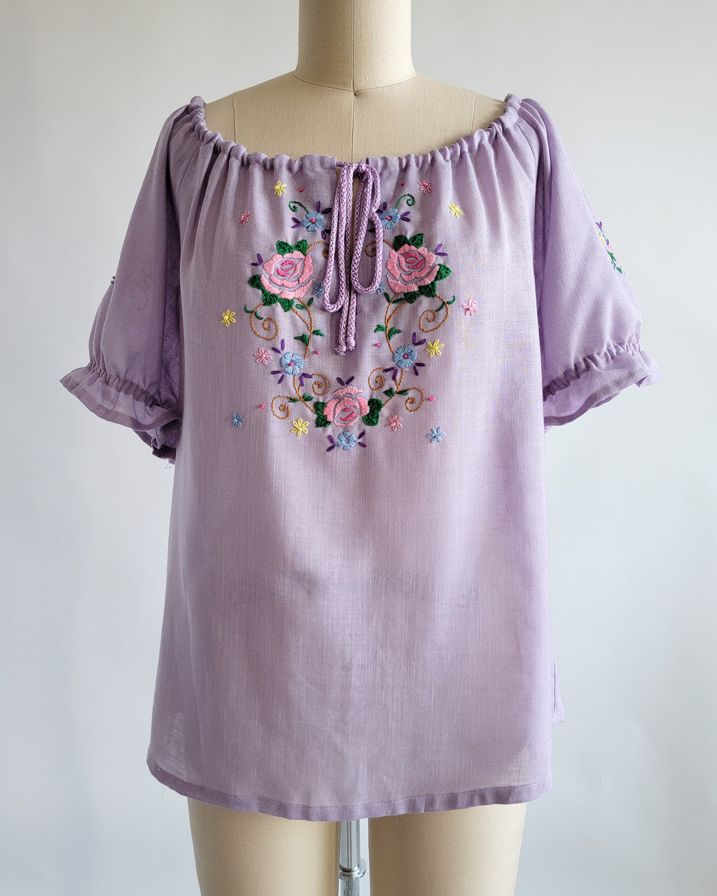 80s Lavender Muslin Floral Embroidered Peasant Blouse
