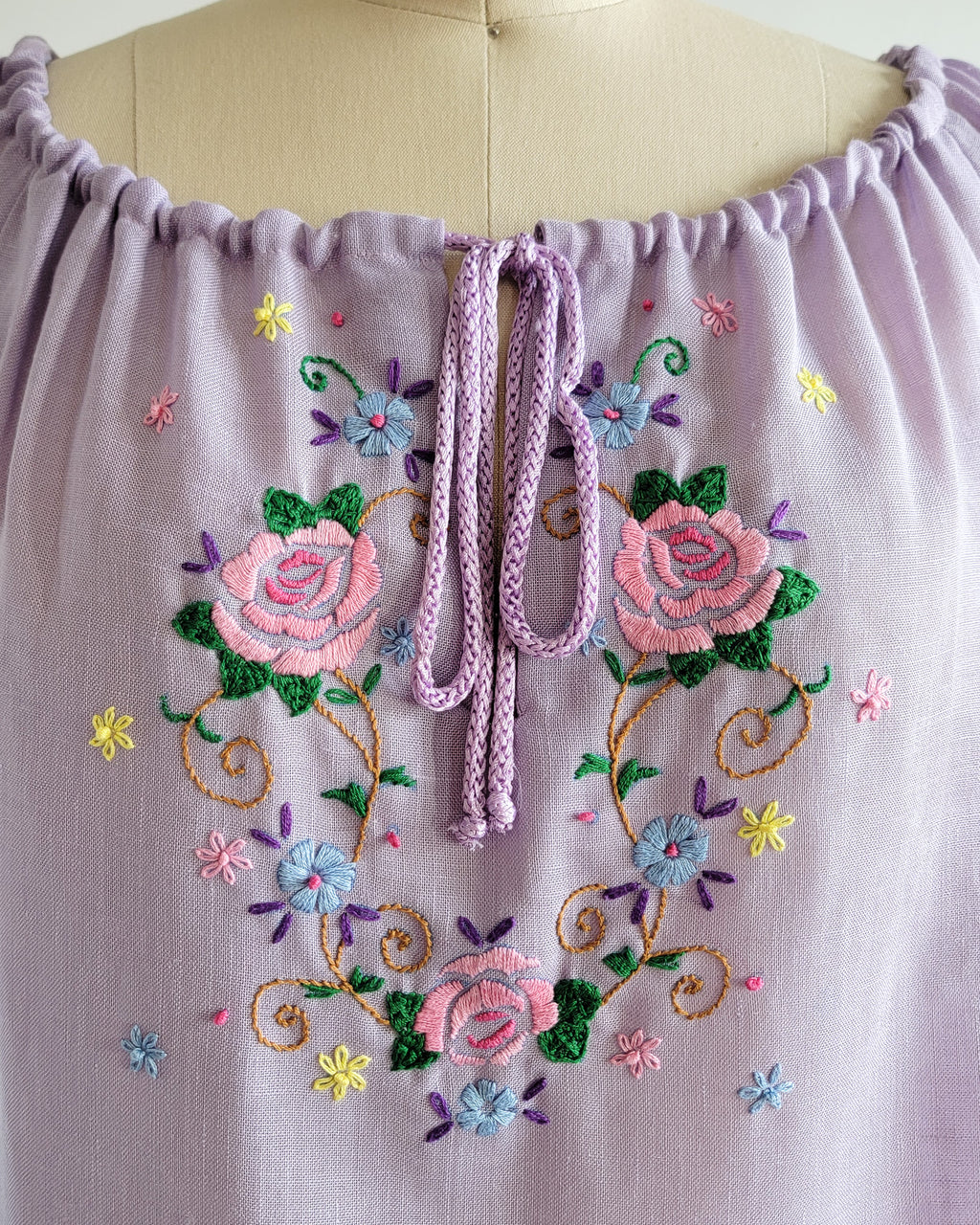 80s Lavender Muslin Floral Embroidered Peasant Blouse