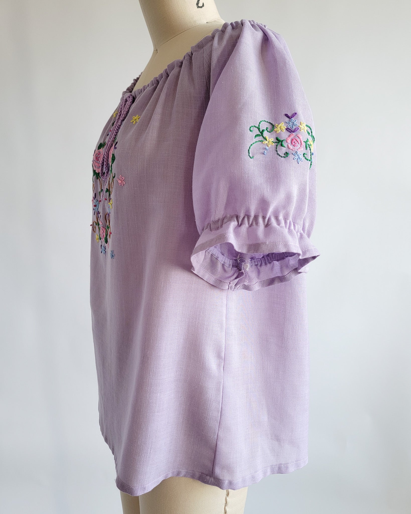 80s Lavender Muslin Floral Embroidered Peasant Blouse