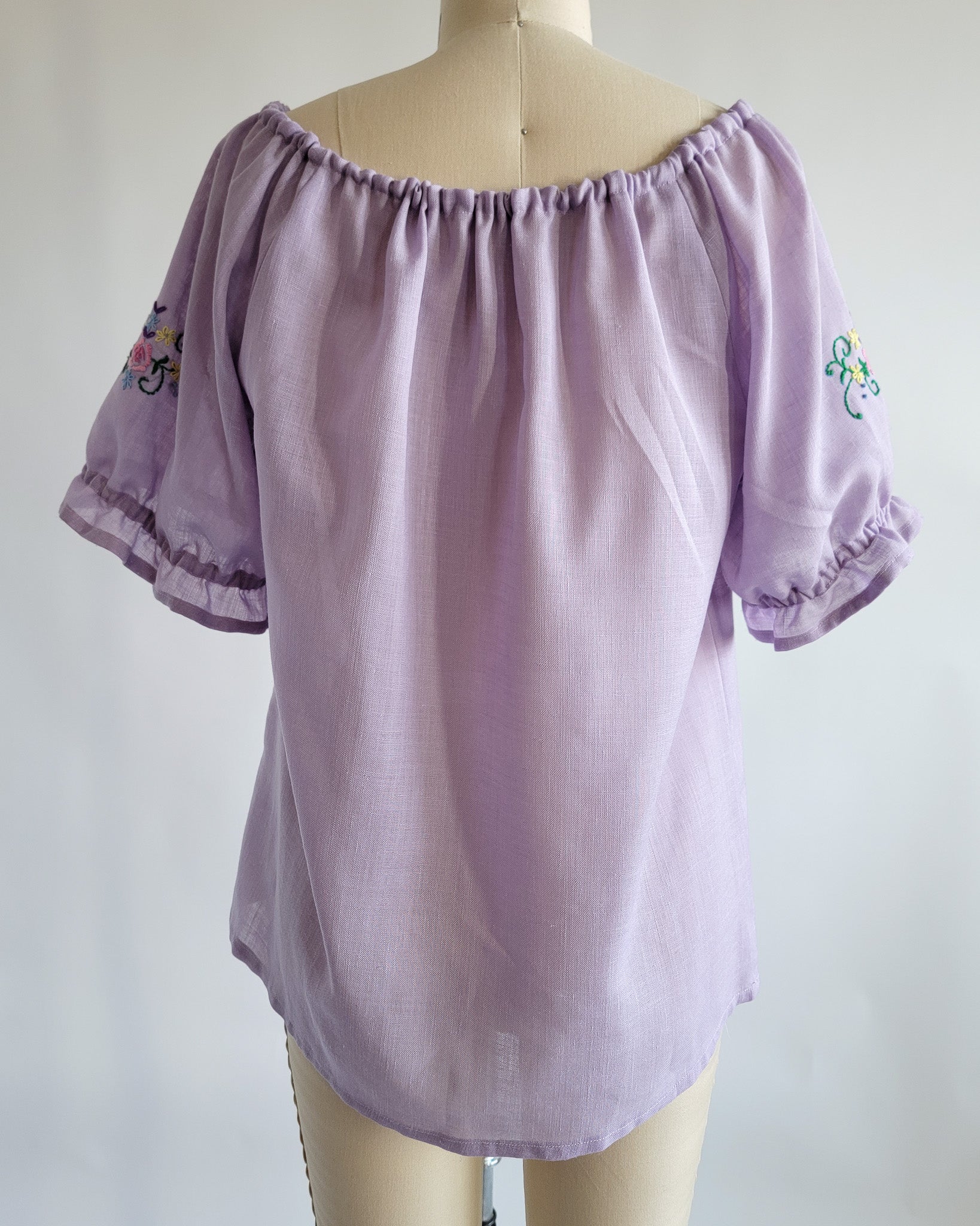 80s Lavender Muslin Floral Embroidered Peasant Blouse