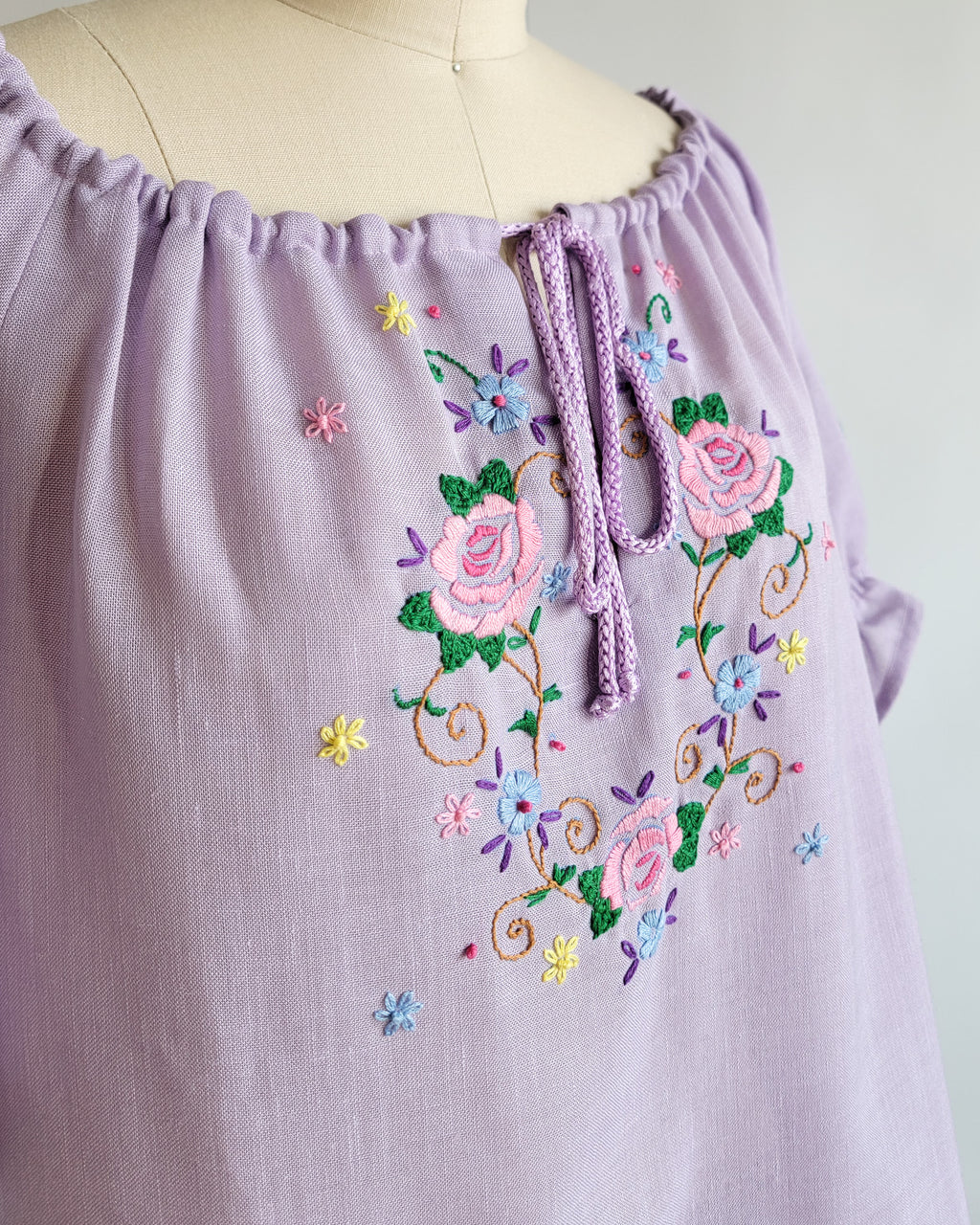 80s Lavender Muslin Floral Embroidered Peasant Blouse