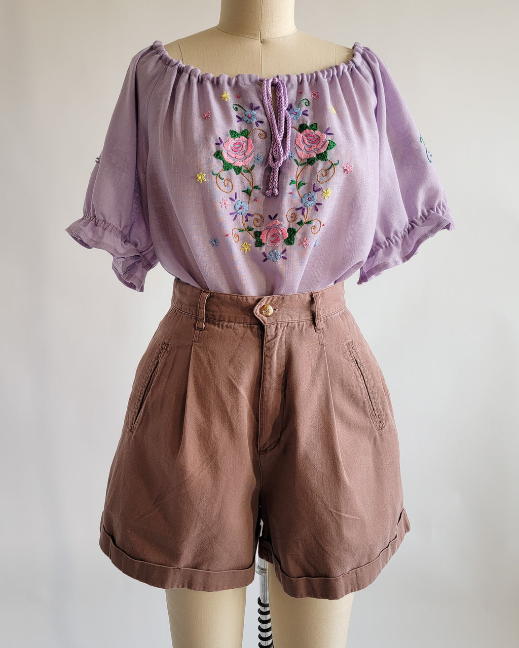 80s Lavender Muslin Floral Embroidered Peasant Blouse