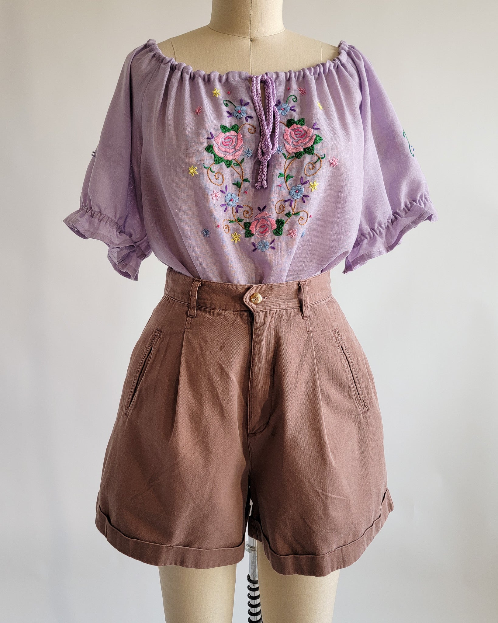 80s Lavender Muslin Floral Embroidered Peasant Blouse