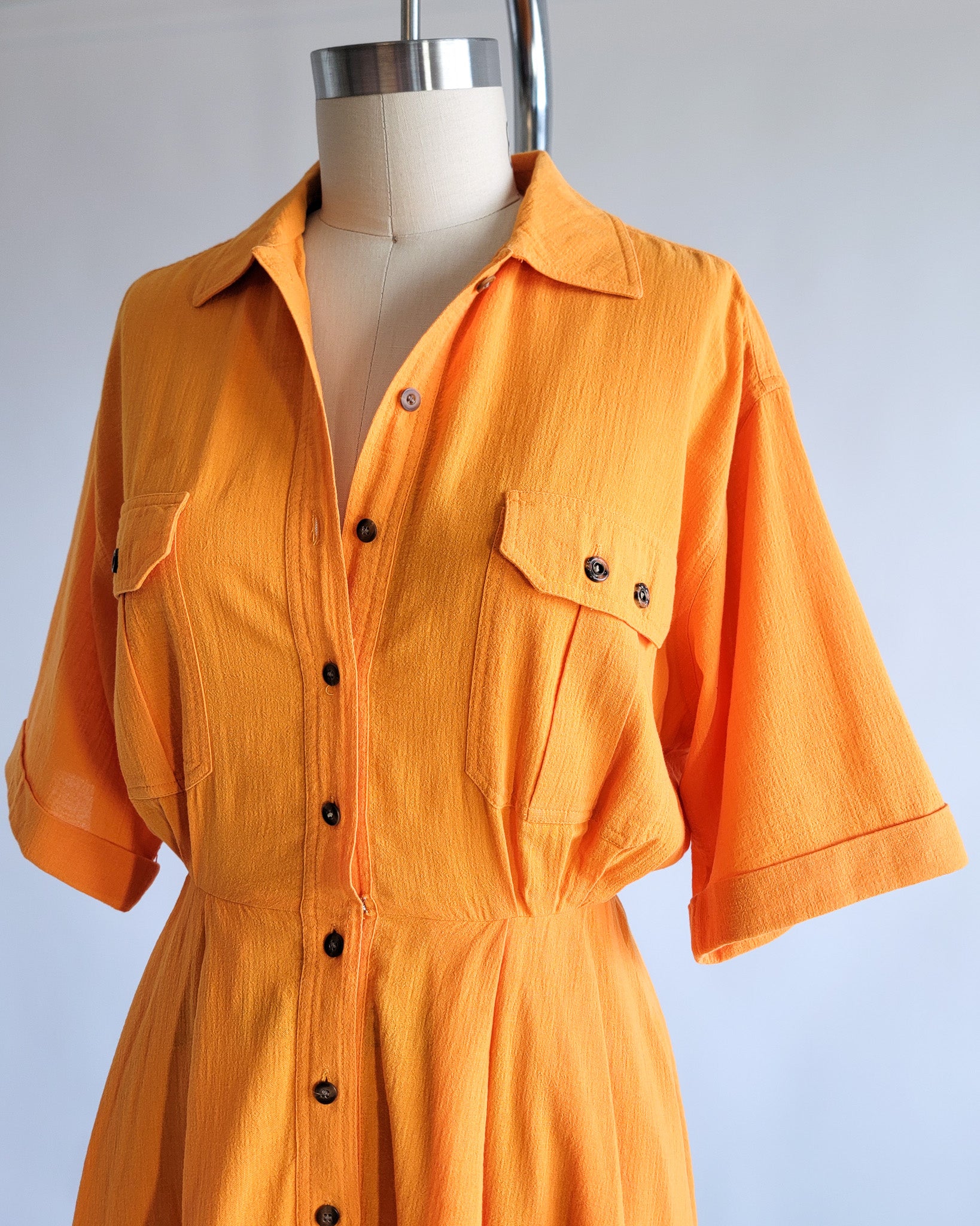 80s Jaegar Orange Cotton Button Up Day Dress