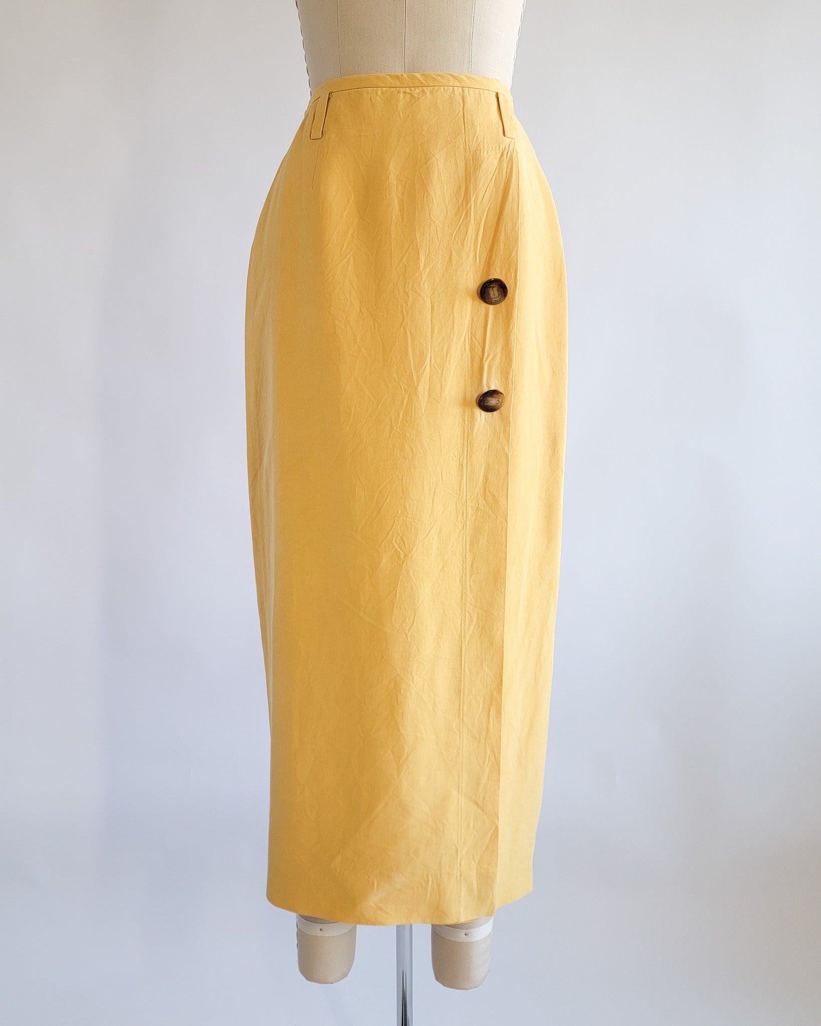 90s Linda Allard Ellen Tracy Silk Yellow High Waisted Pencil Skirt