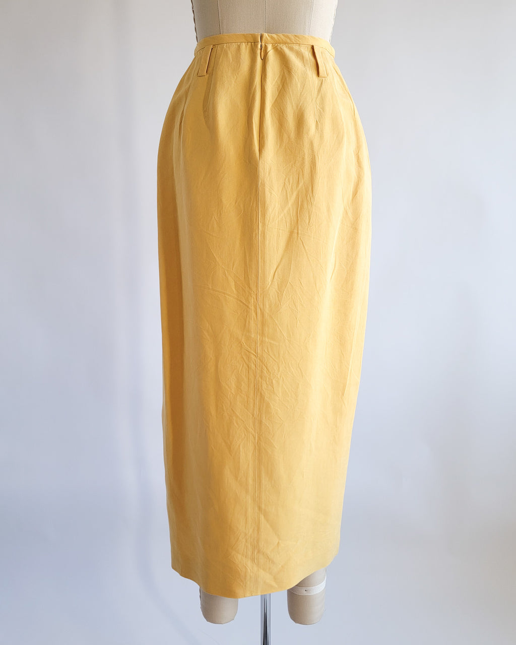 90s Linda Allard Ellen Tracy Silk Yellow High Waisted Pencil Skirt